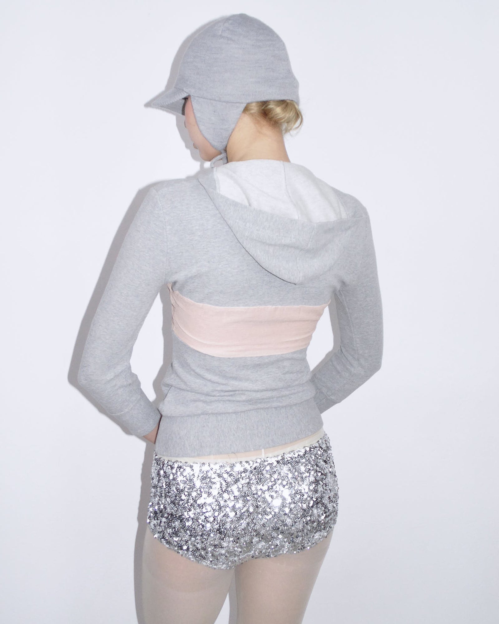 light gray hooded top with pink silk bow