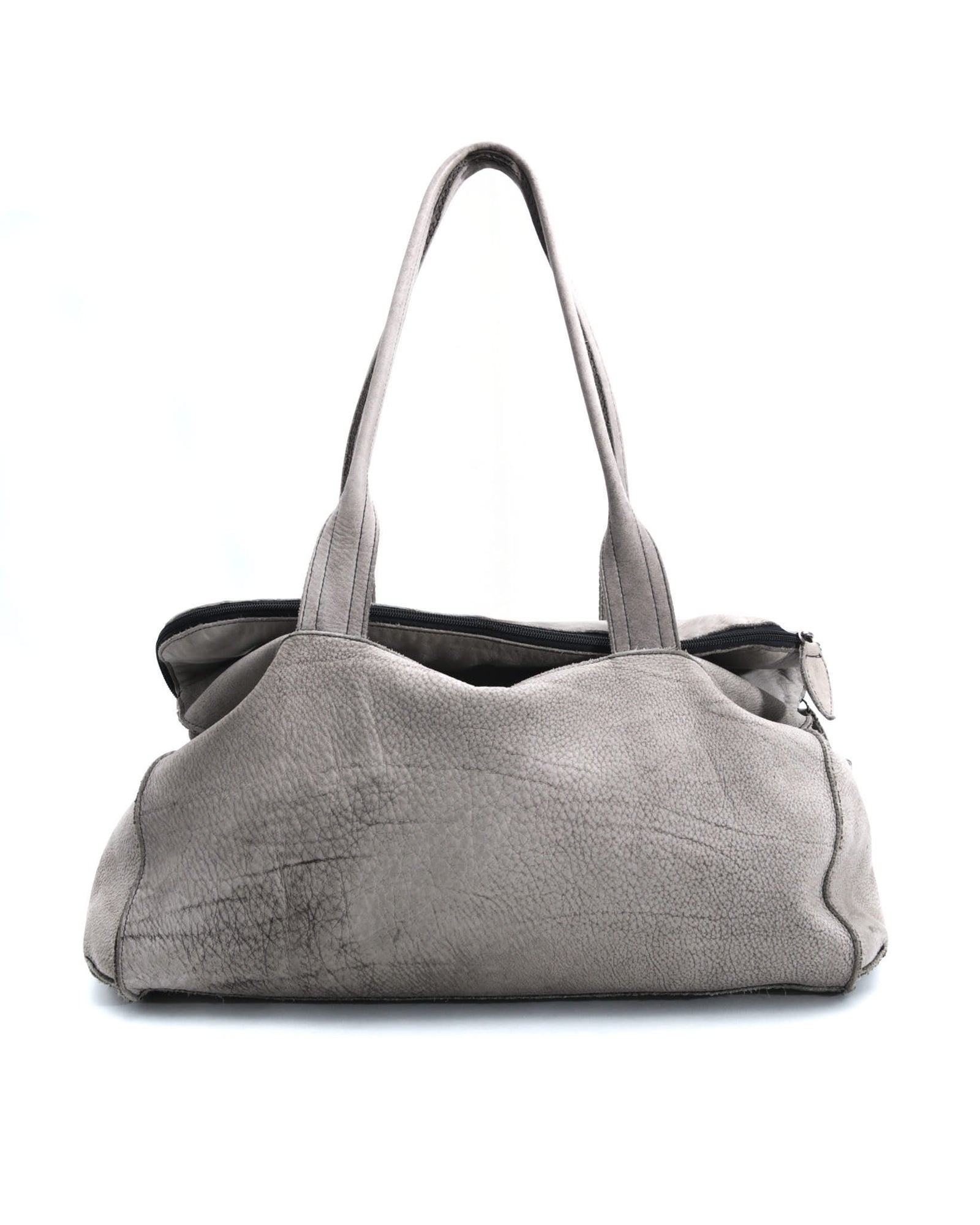 light grey leather duffle bag