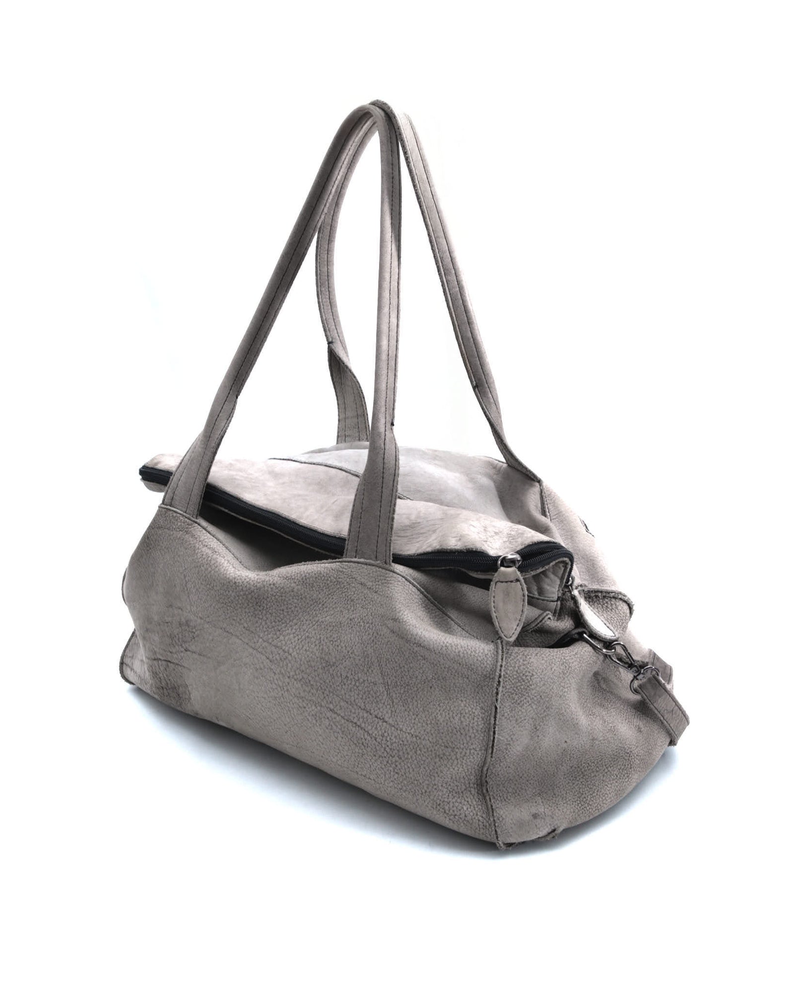 light grey leather duffle bag