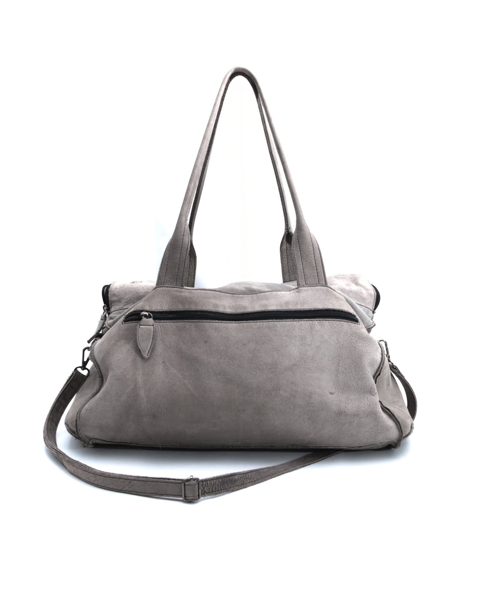 light grey leather duffle bag