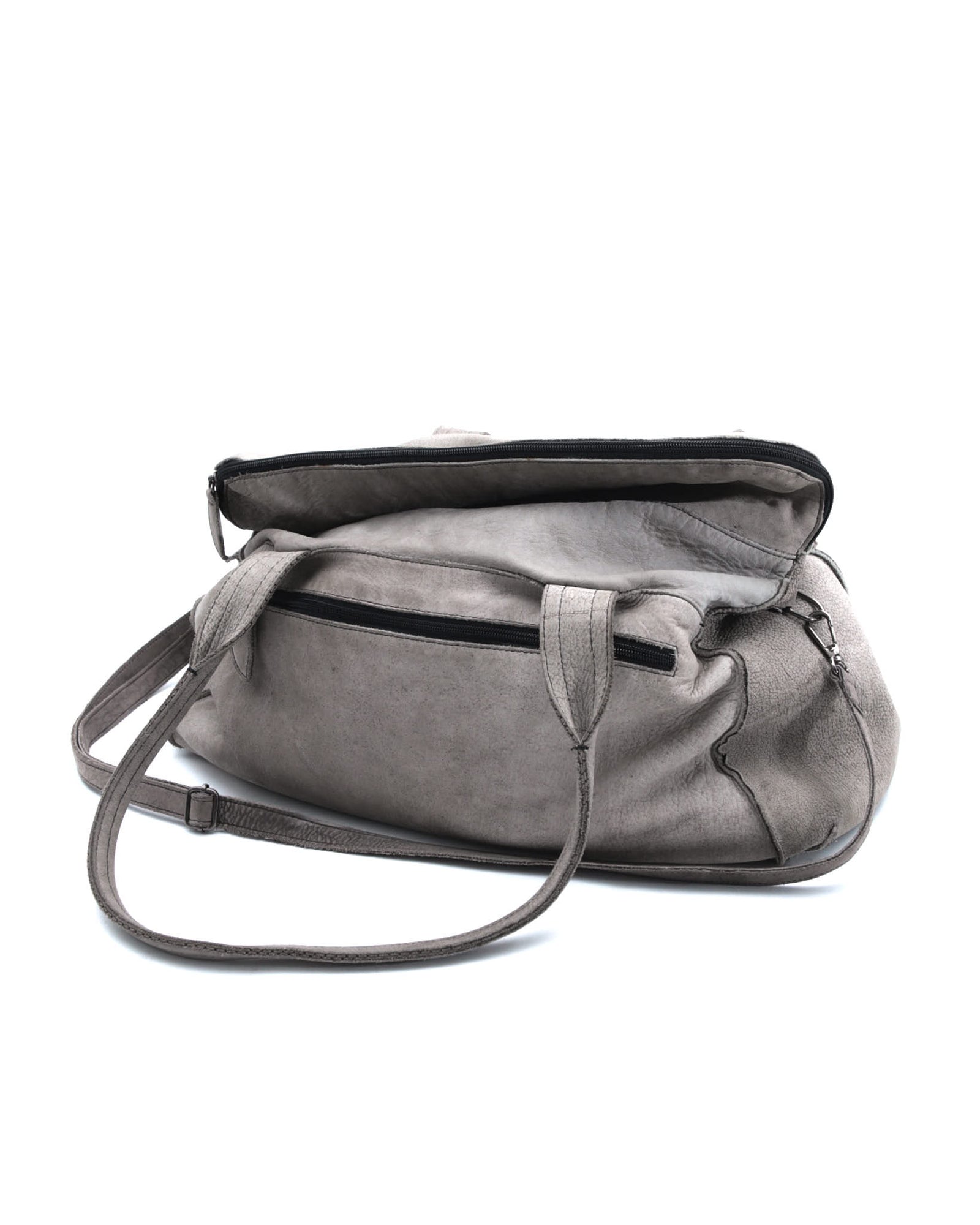 light grey leather duffle bag