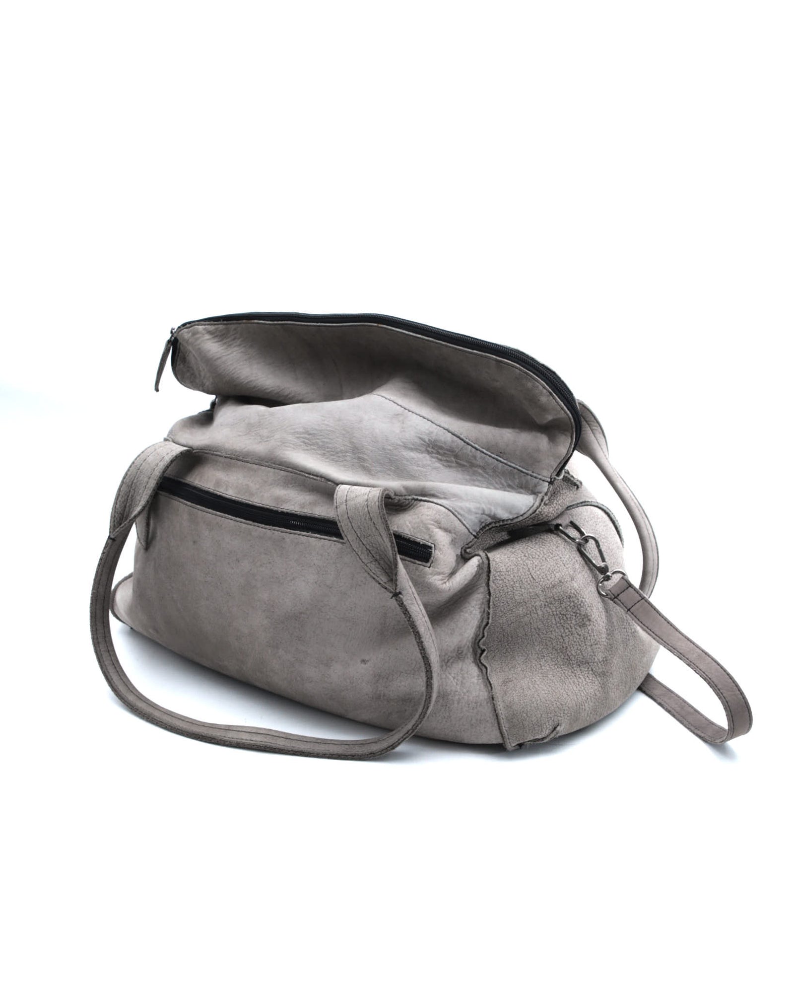 light grey leather duffle bag