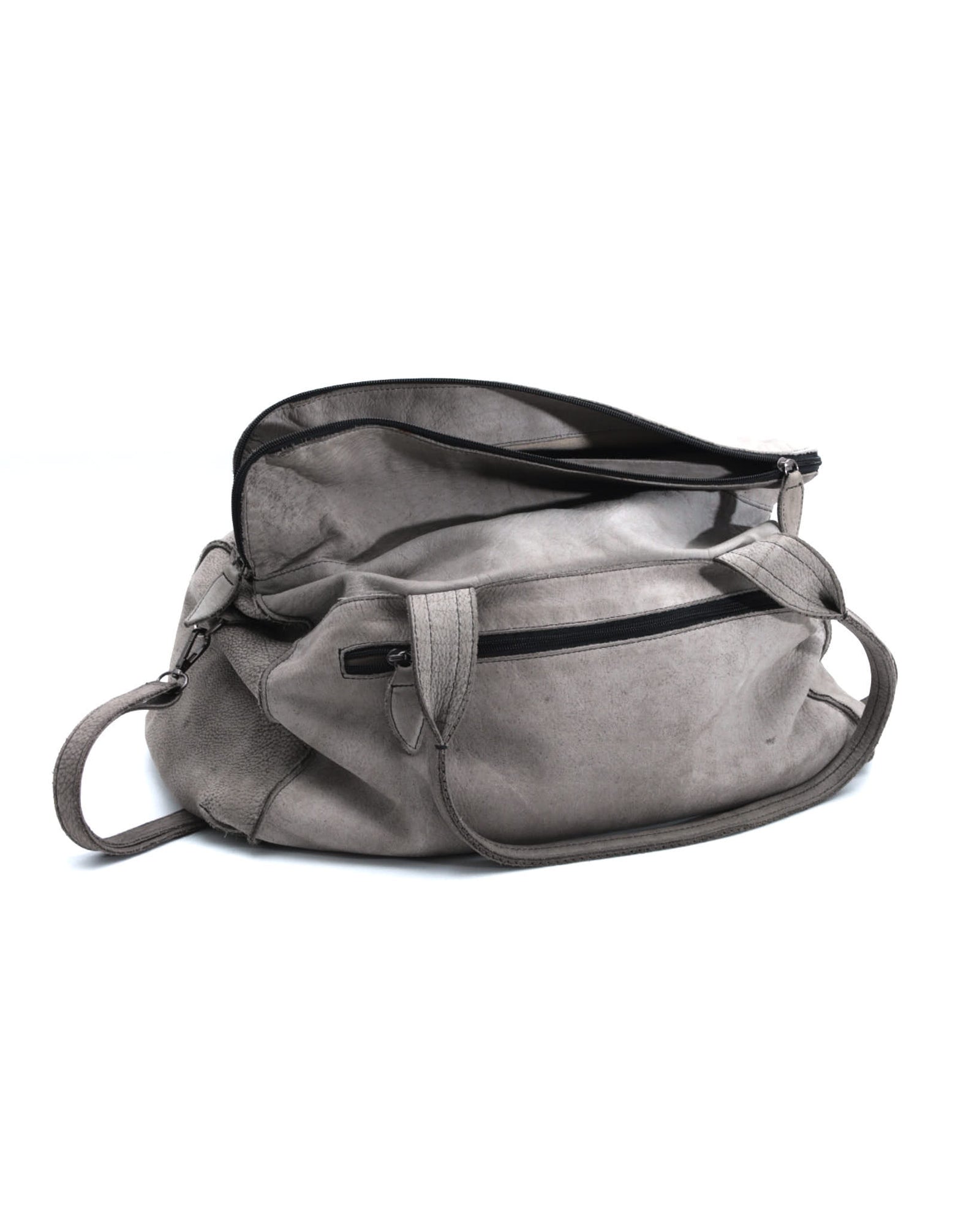 light grey leather duffle bag