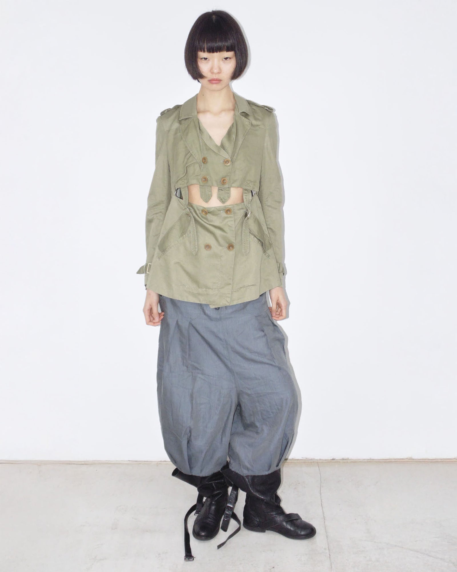 linen deconstructed army green trench jacket