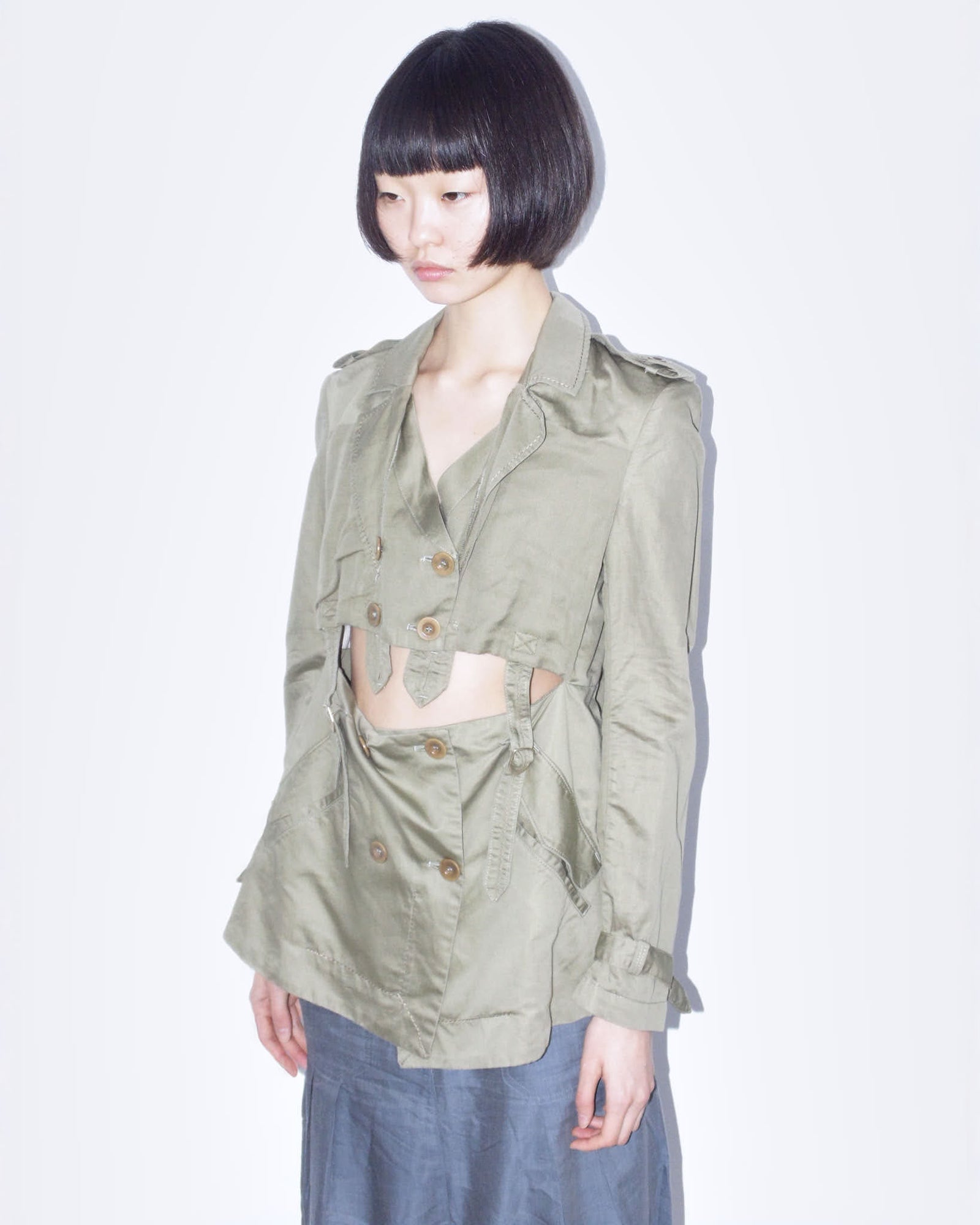 linen deconstructed army green trench jacket