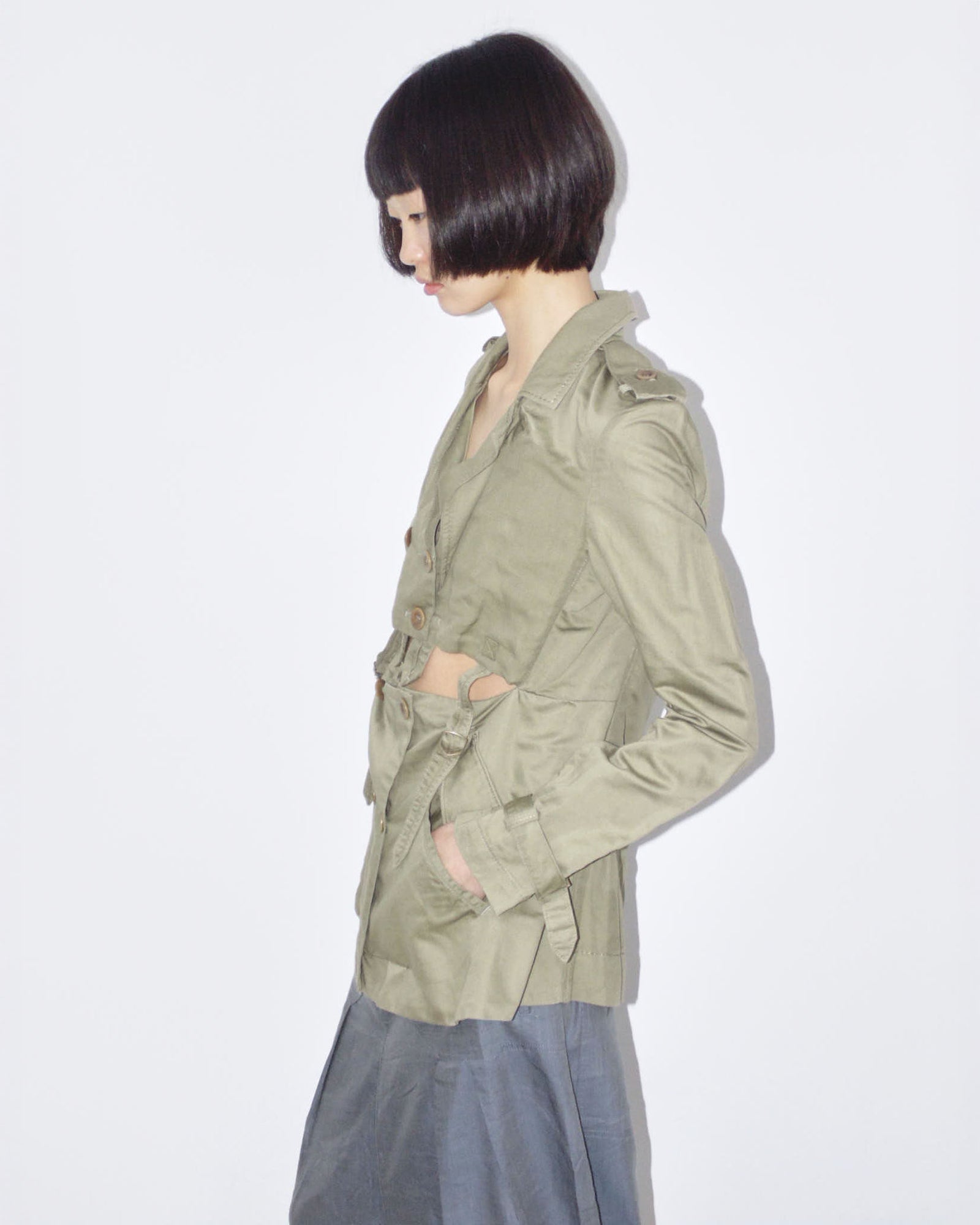 linen deconstructed army green trench jacket