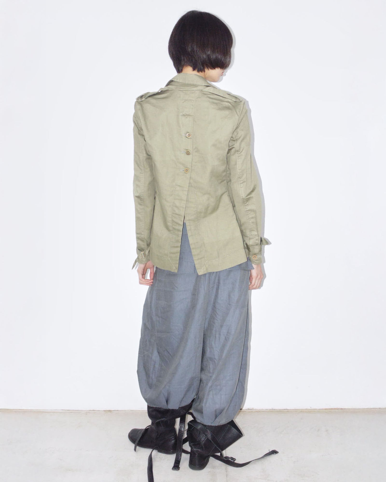 linen deconstructed army green trench jacket
