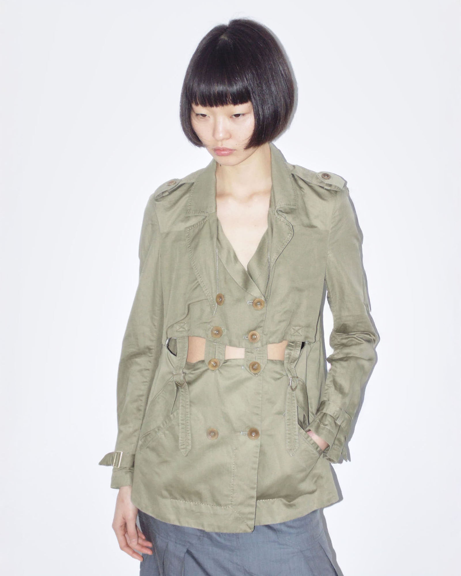 linen deconstructed army green trench jacket