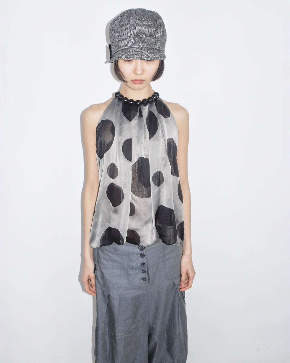 mesh polka dots halter top with big necklace