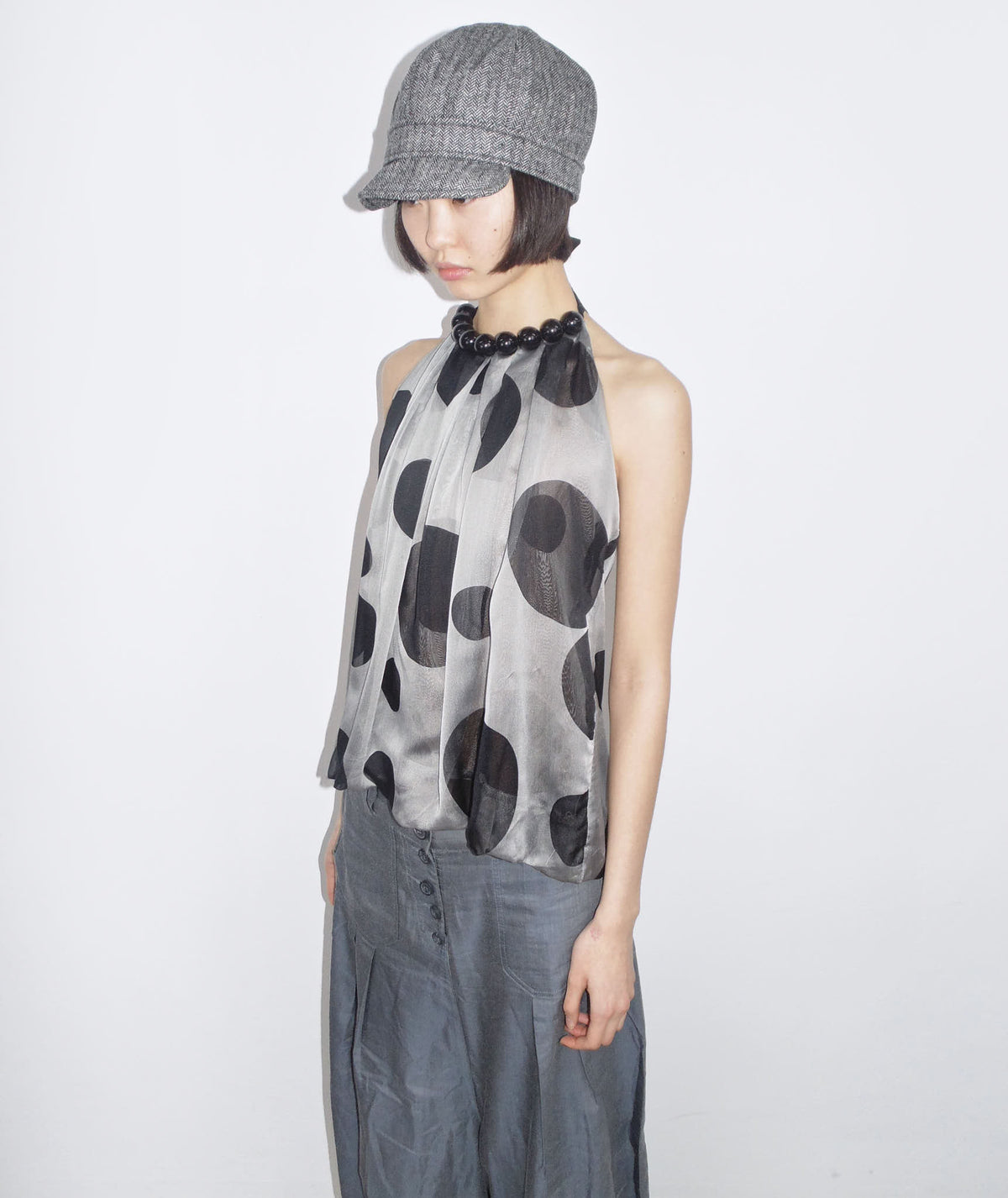 mesh polka dots halter top with big necklace
