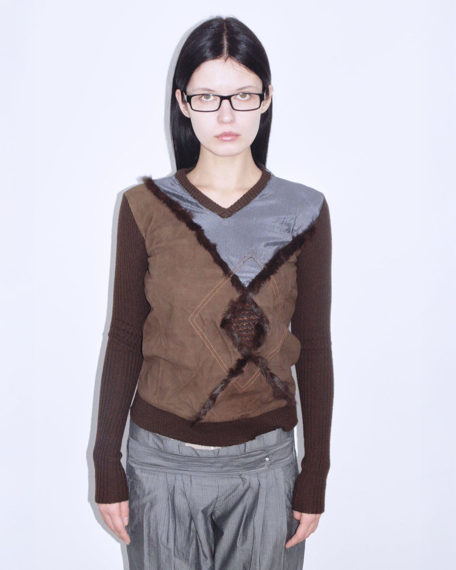 multimaterial brown and violet sweater