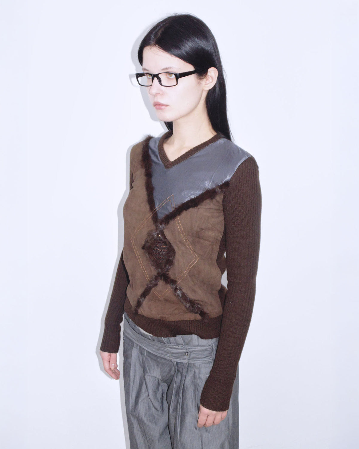 multimaterial brown and violet sweater
