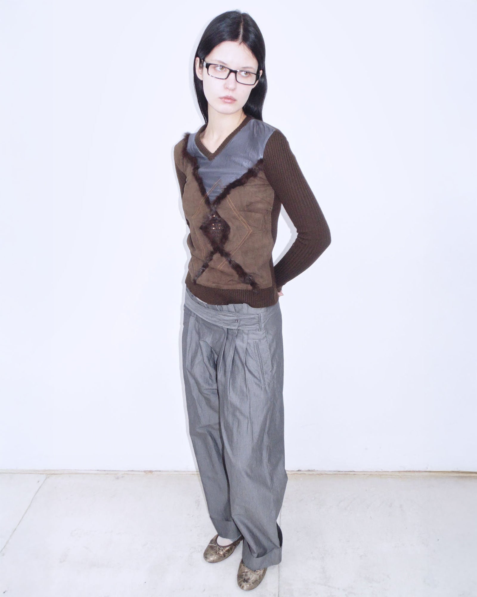 multimaterial brown and violet sweater