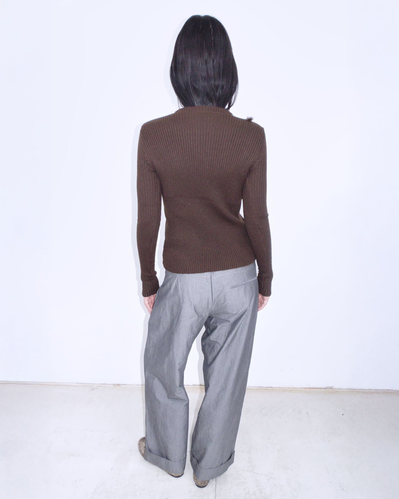multimaterial brown and violet sweater