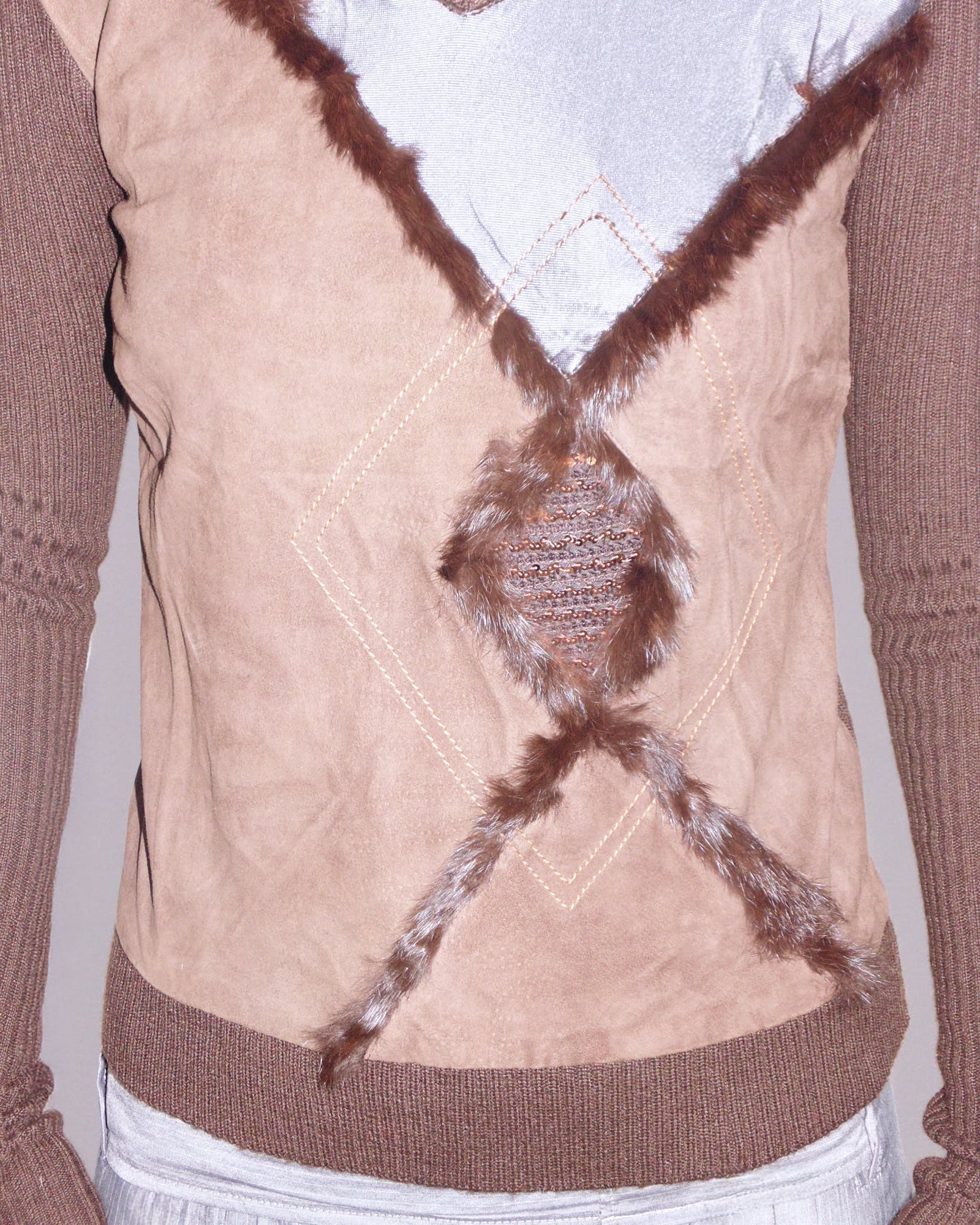 multimaterial brown and violet sweater