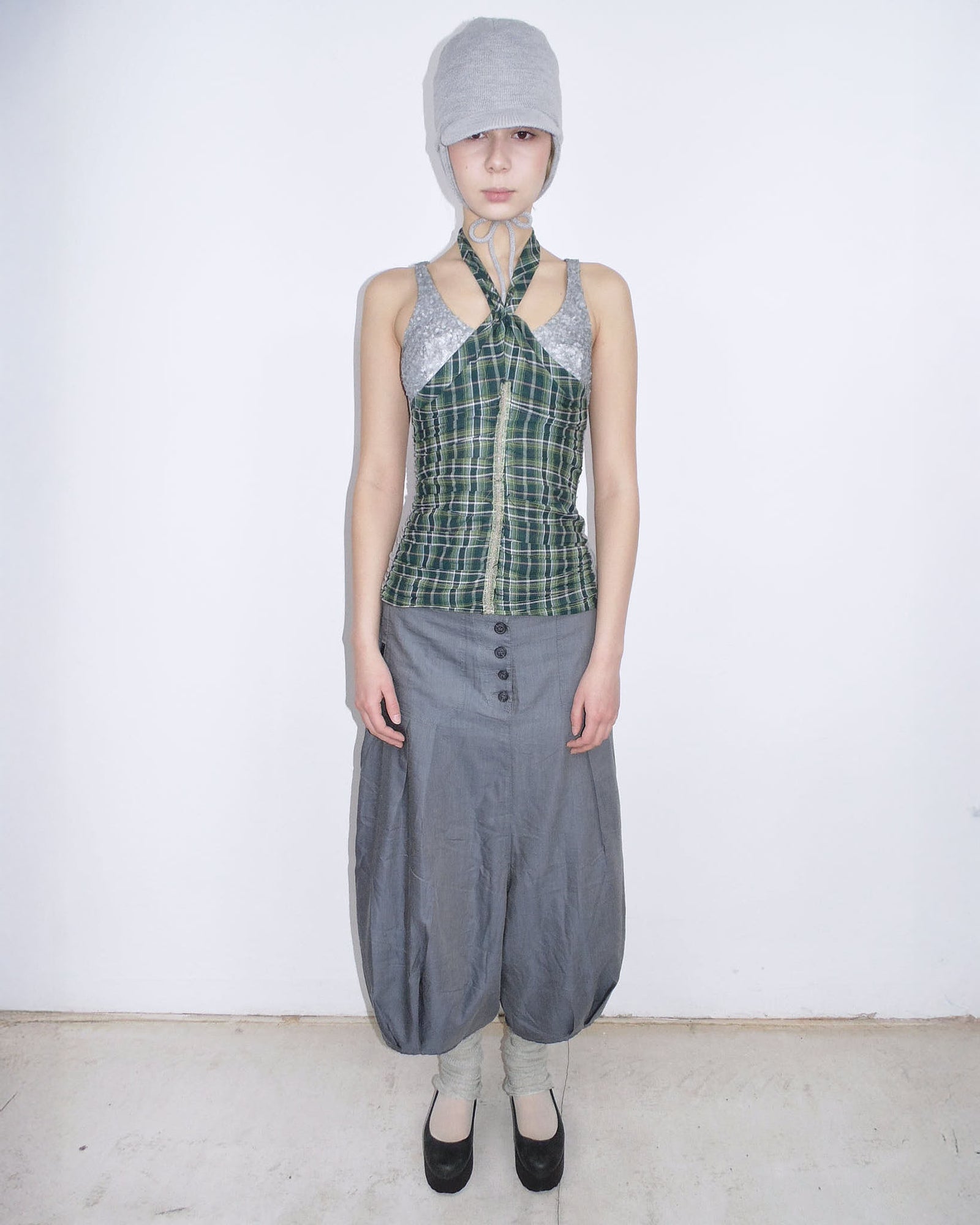 multimaterial plaid & sequins halter top