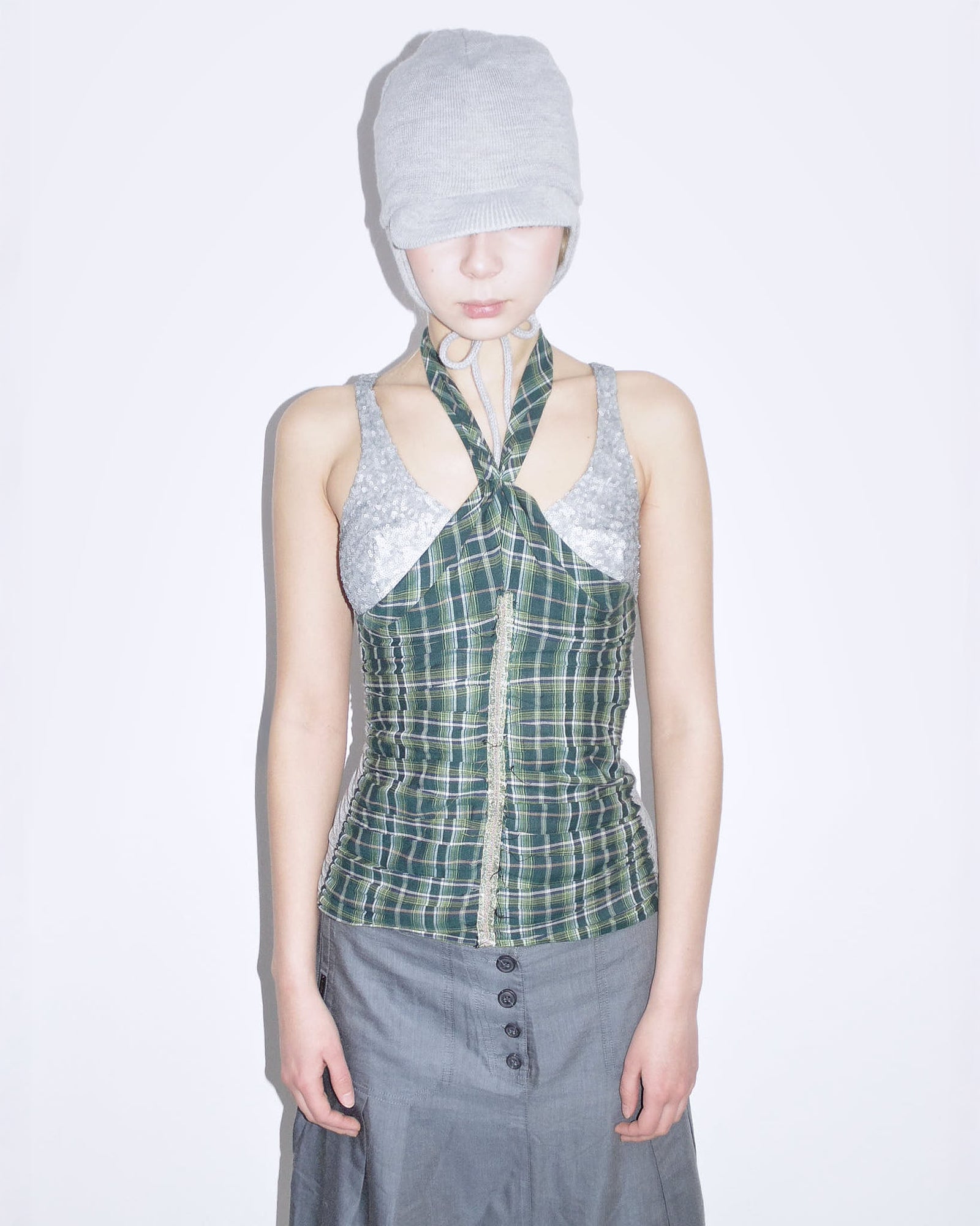 multimaterial plaid & sequins halter top