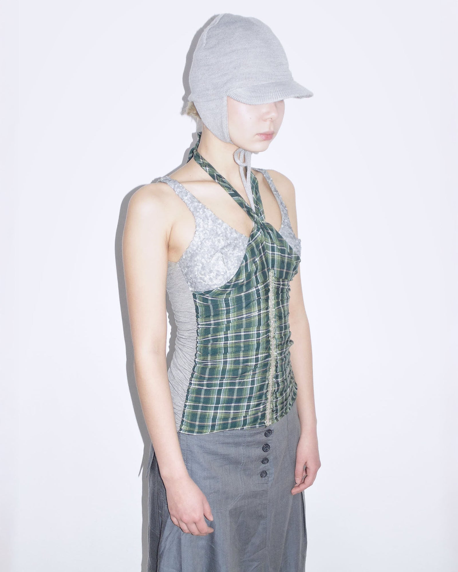 multimaterial plaid & sequins halter top