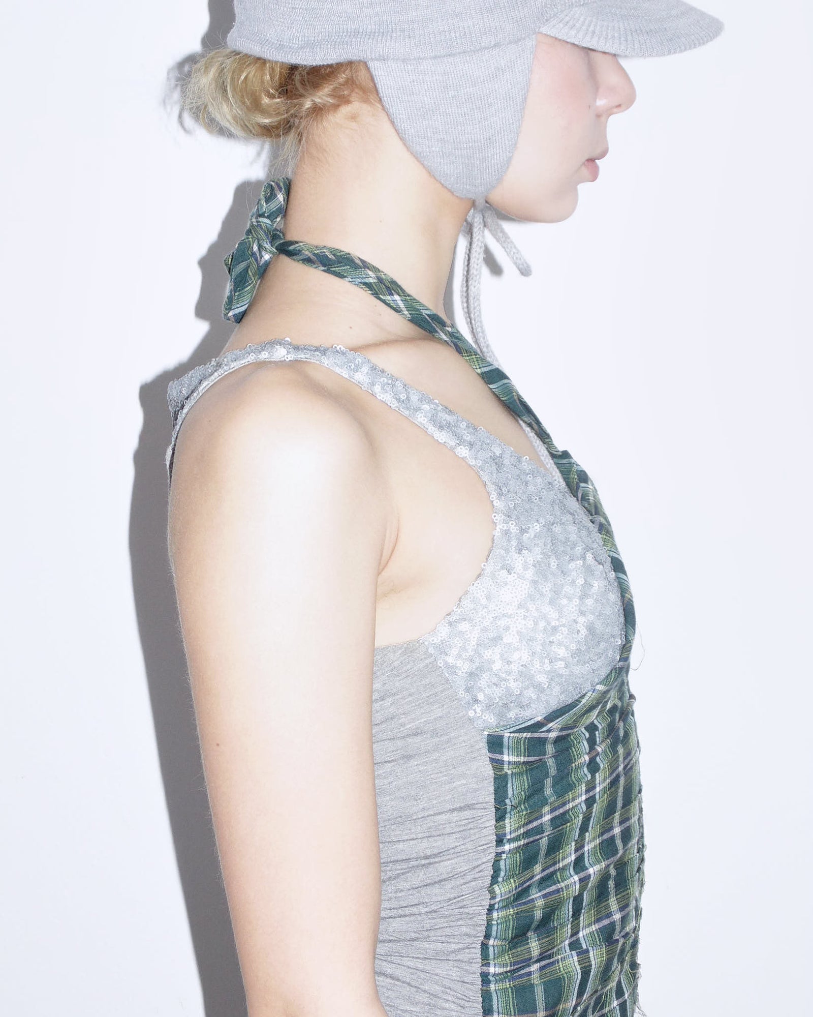 multimaterial plaid & sequins halter top