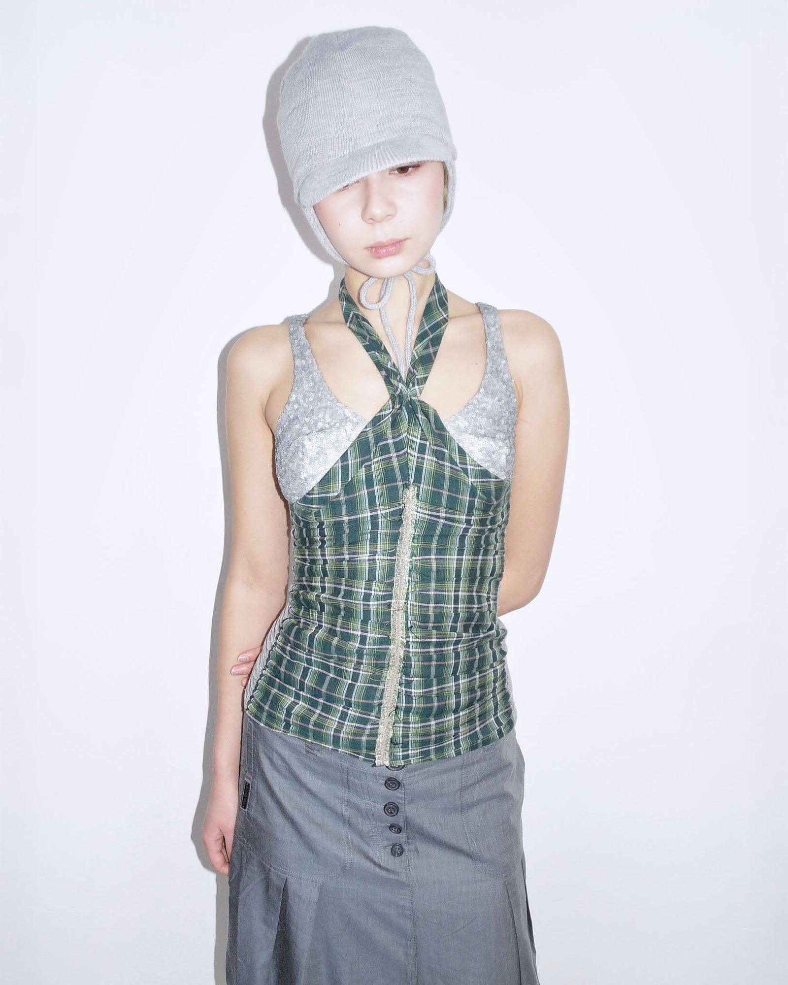 multimaterial plaid & sequins halter top