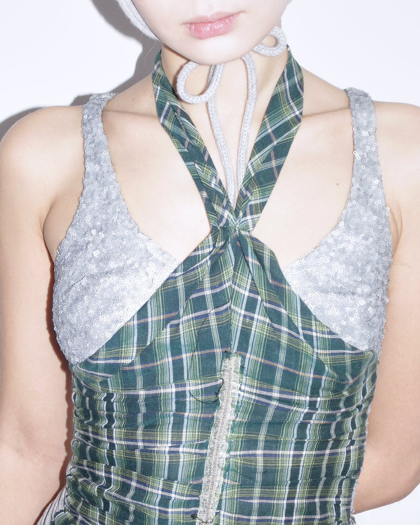 multimaterial plaid & sequins halter top