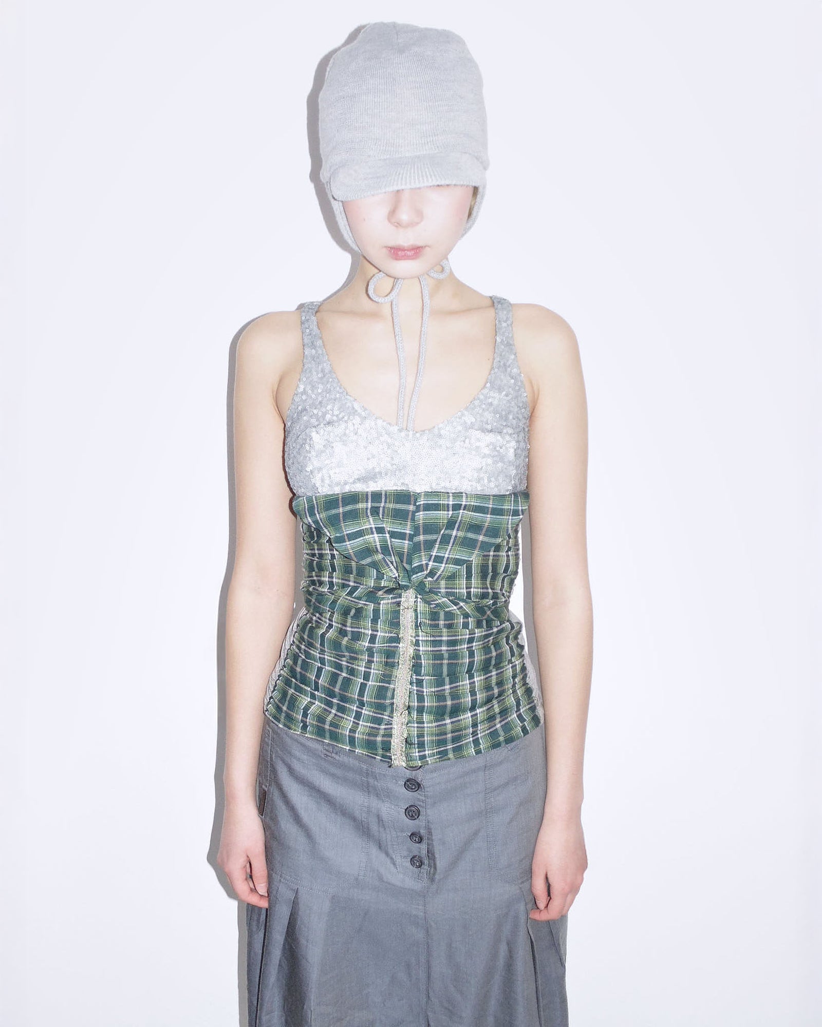 multimaterial plaid & sequins halter top