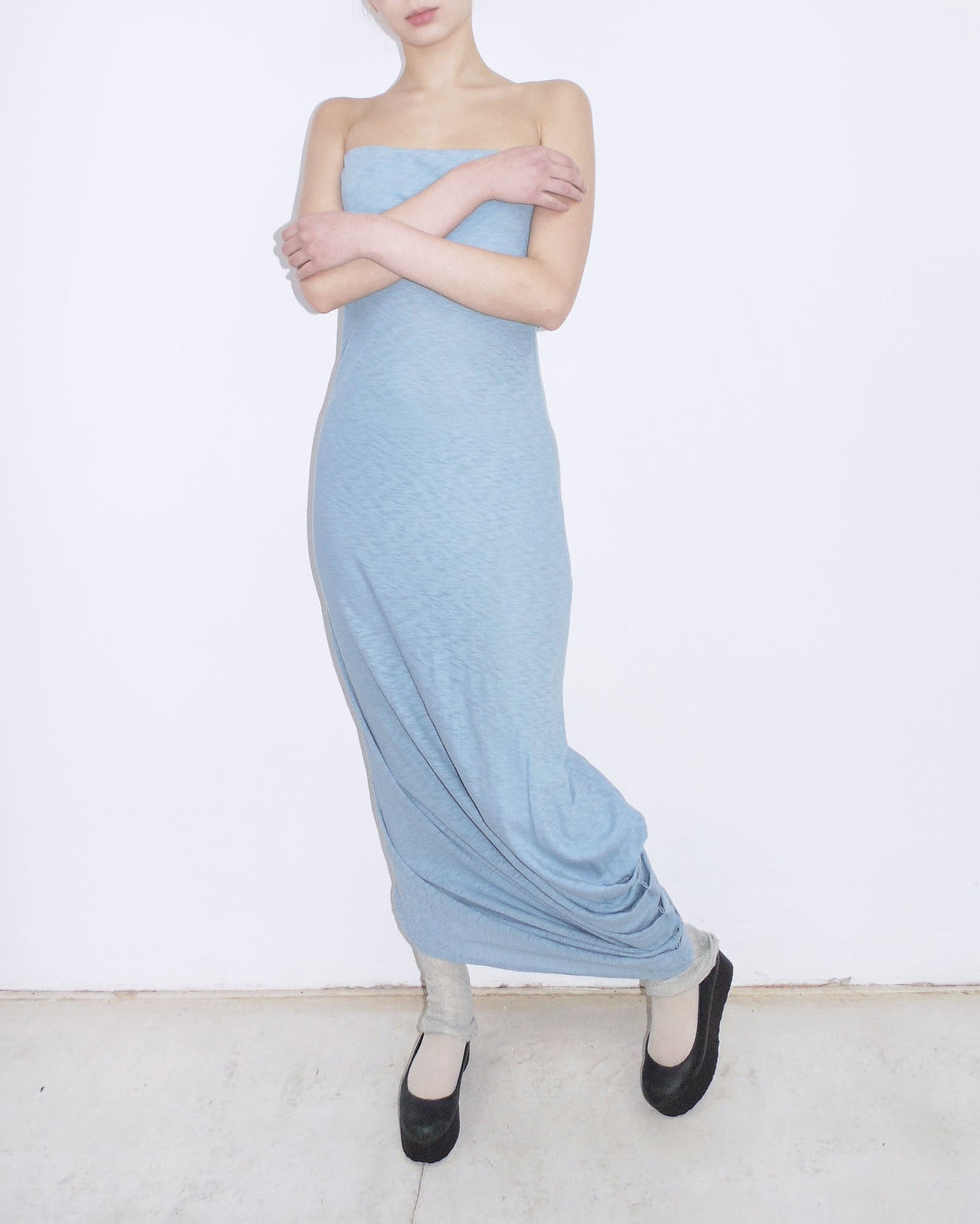 strapless draped long dress