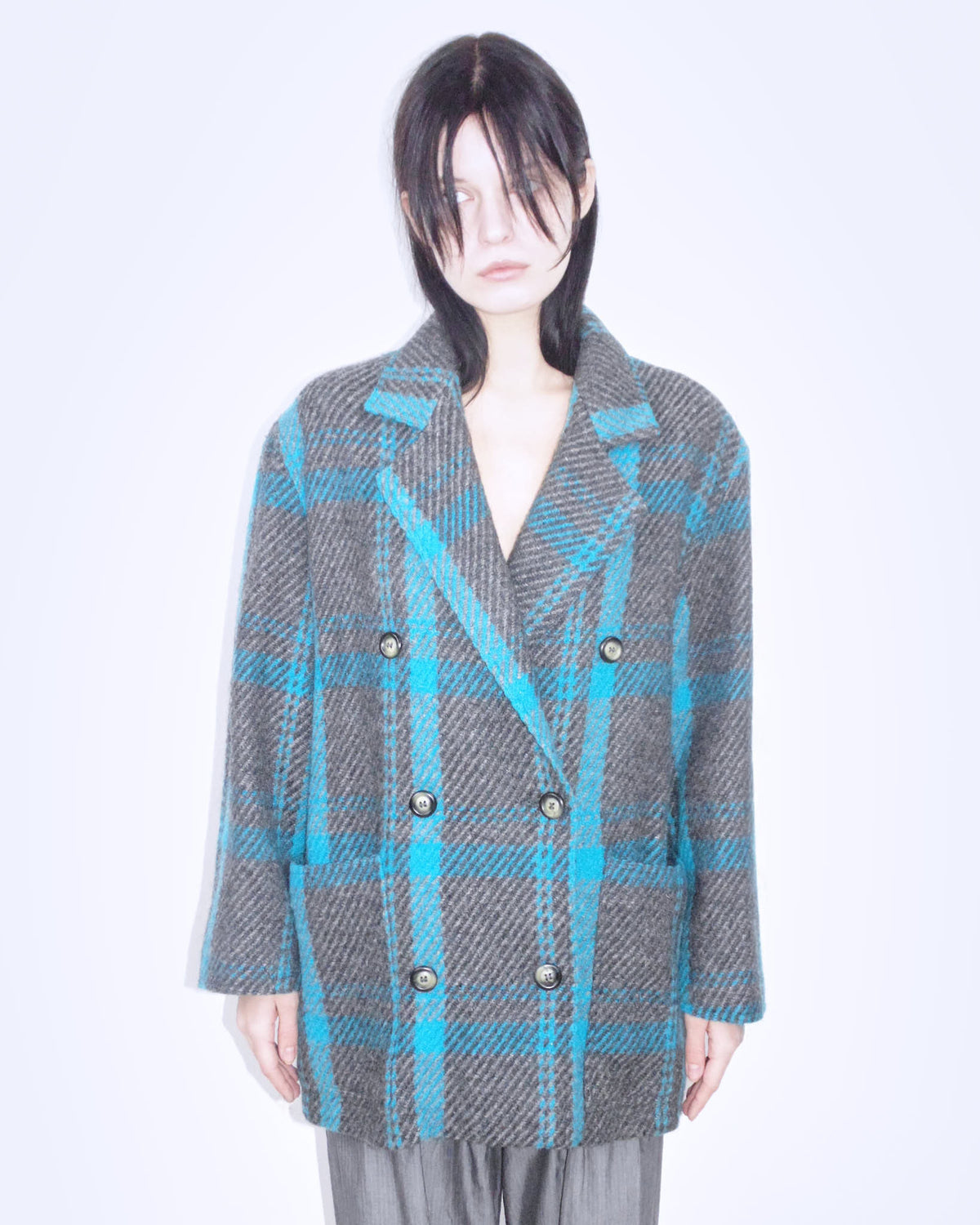oversized blue and gray plaid coat