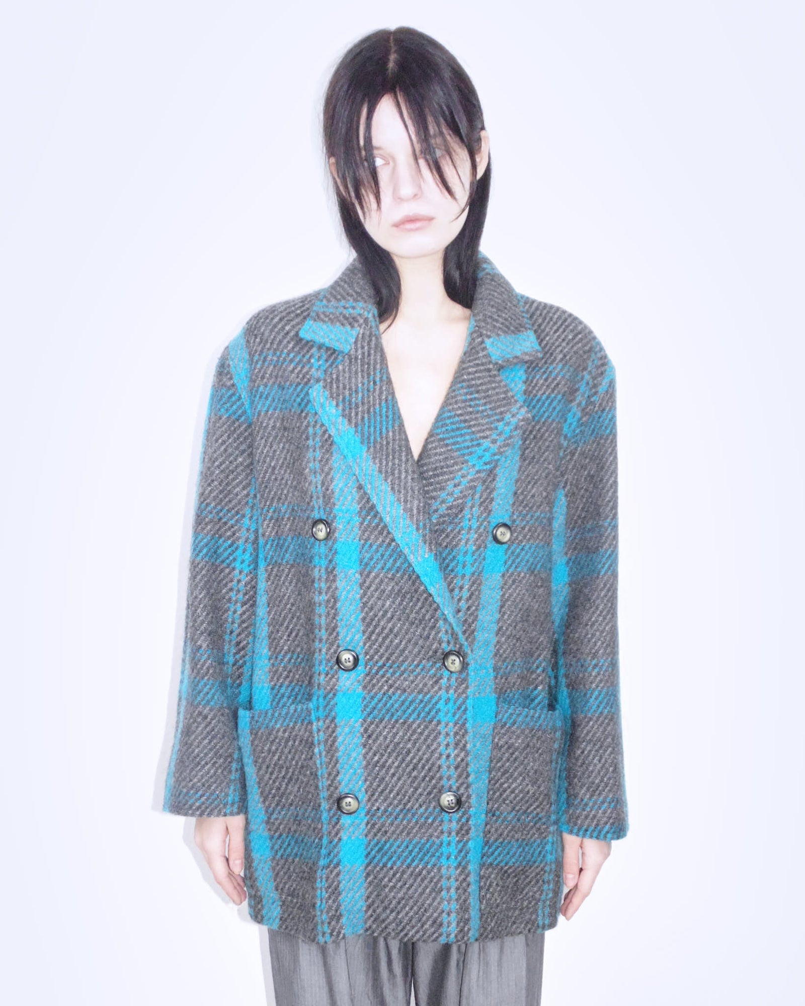 oversized blue and gray plaid coat