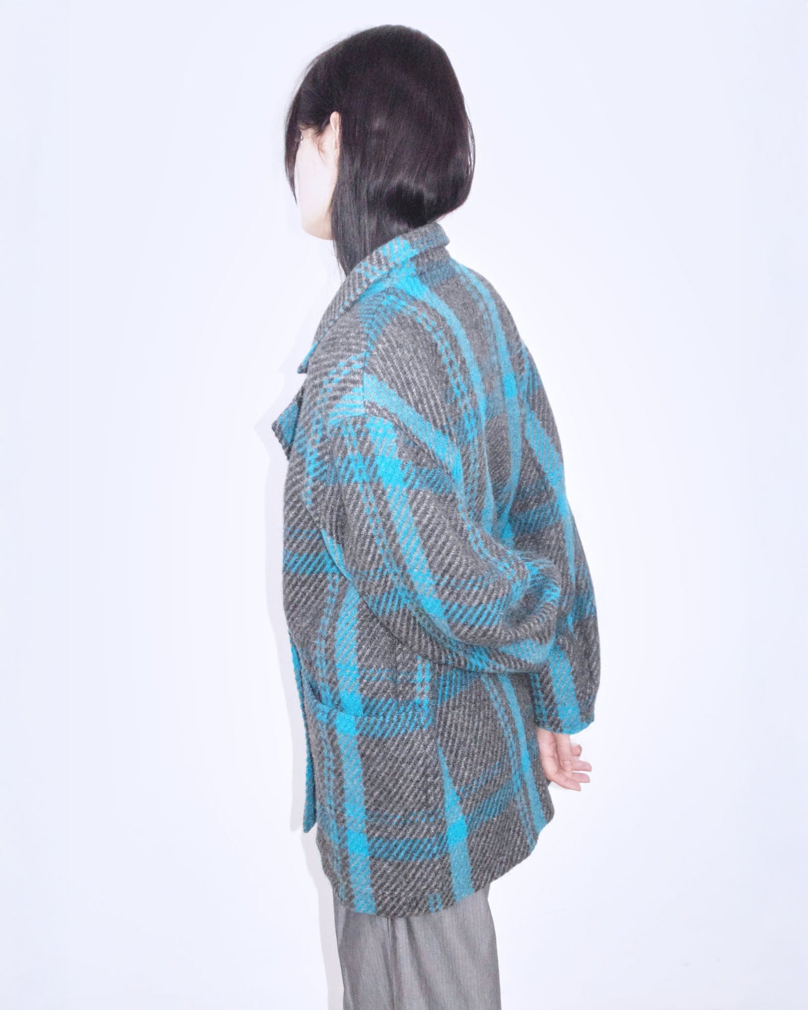 oversized blue and gray plaid coat