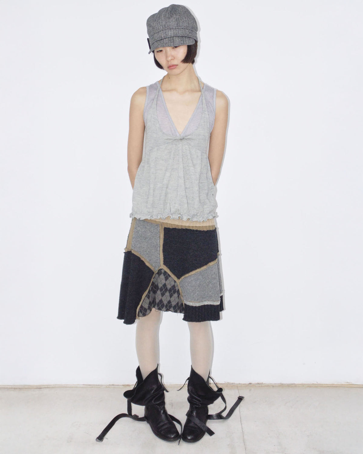 patchwork deconstructed linen and wool midi skirt
