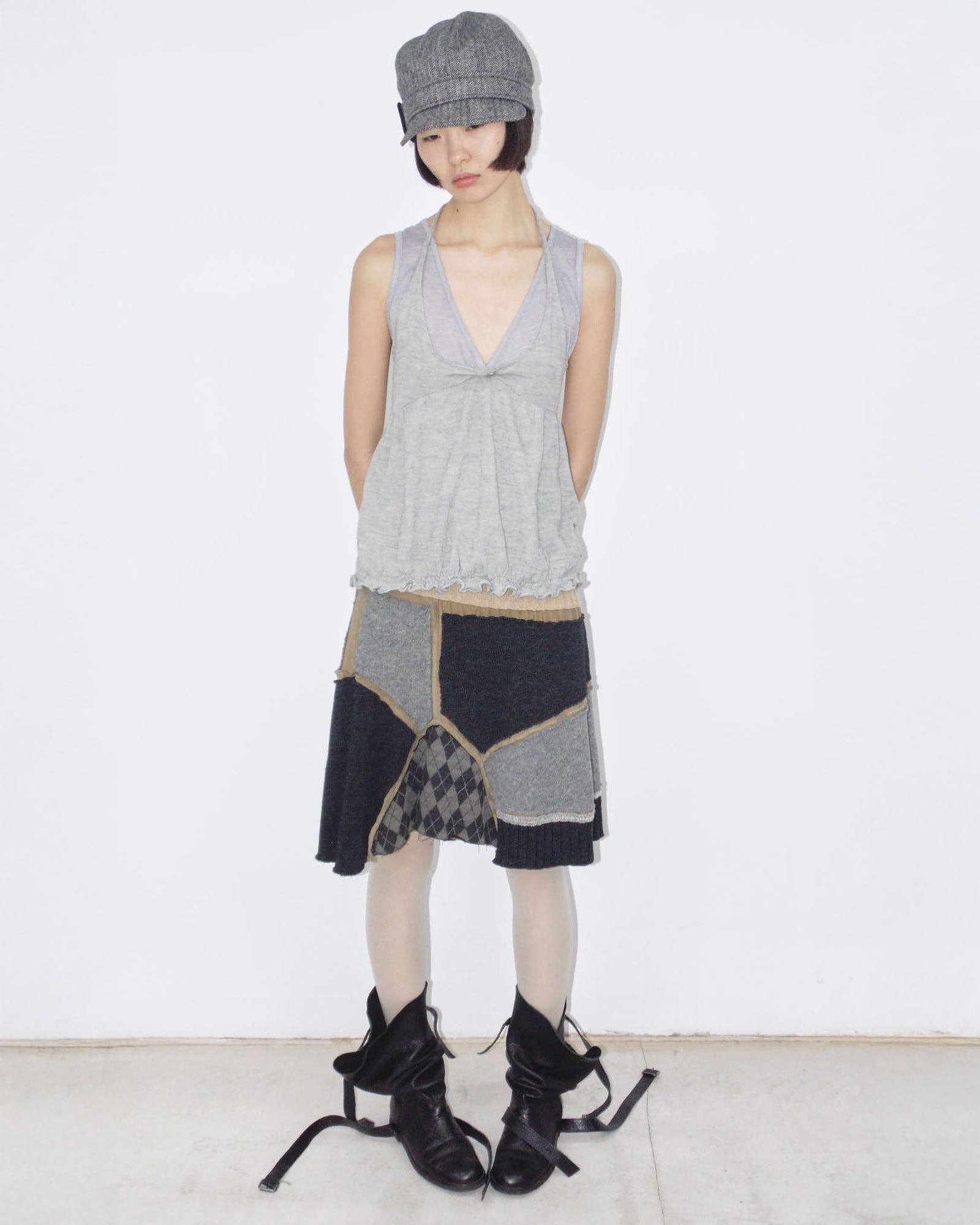 patchwork deconstructed linen and wool midi skirt