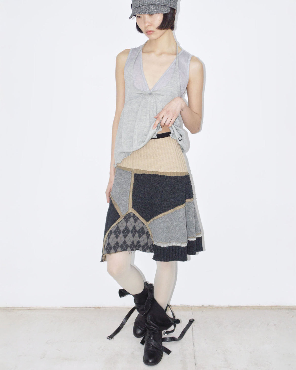 patchwork deconstructed linen and wool midi skirt