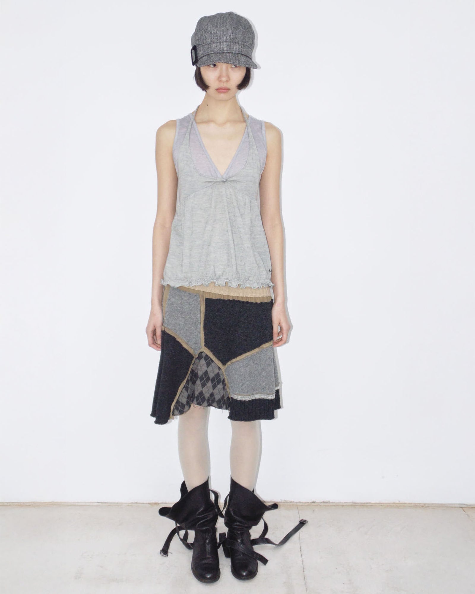 patchwork deconstructed linen and wool midi skirt