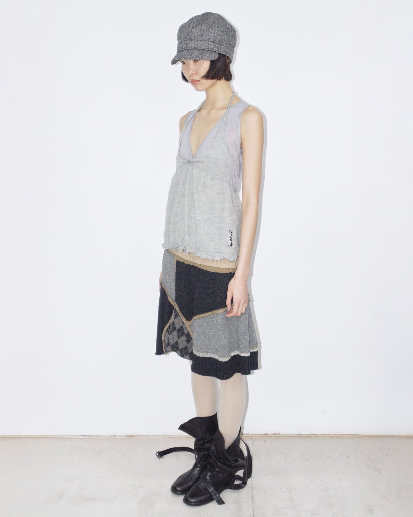 patchwork deconstructed linen and wool midi skirt