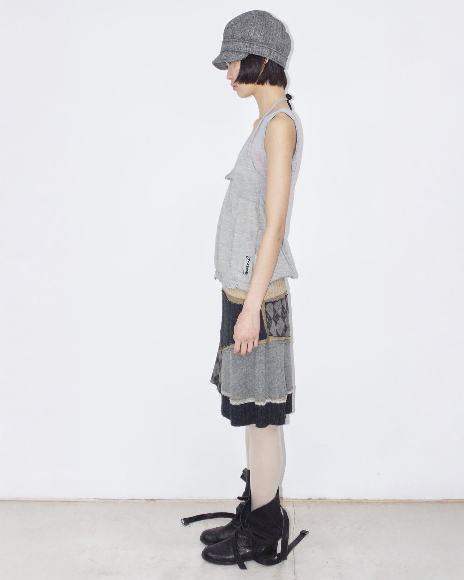 patchwork deconstructed linen and wool midi skirt
