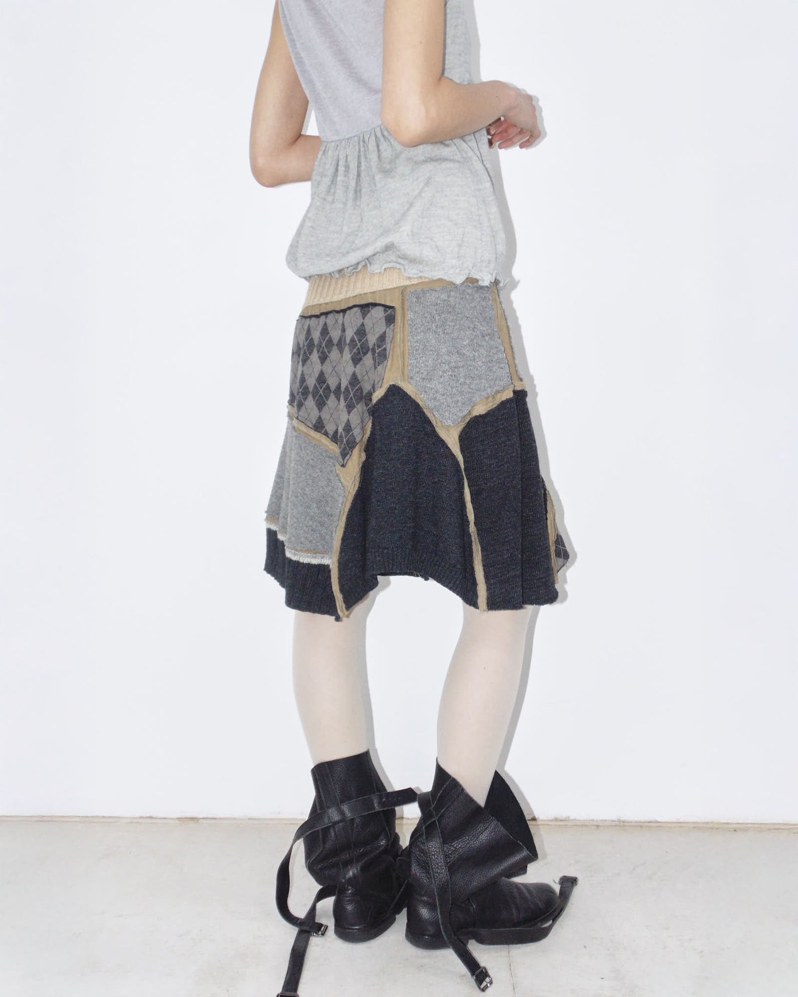 patchwork deconstructed linen and wool midi skirt