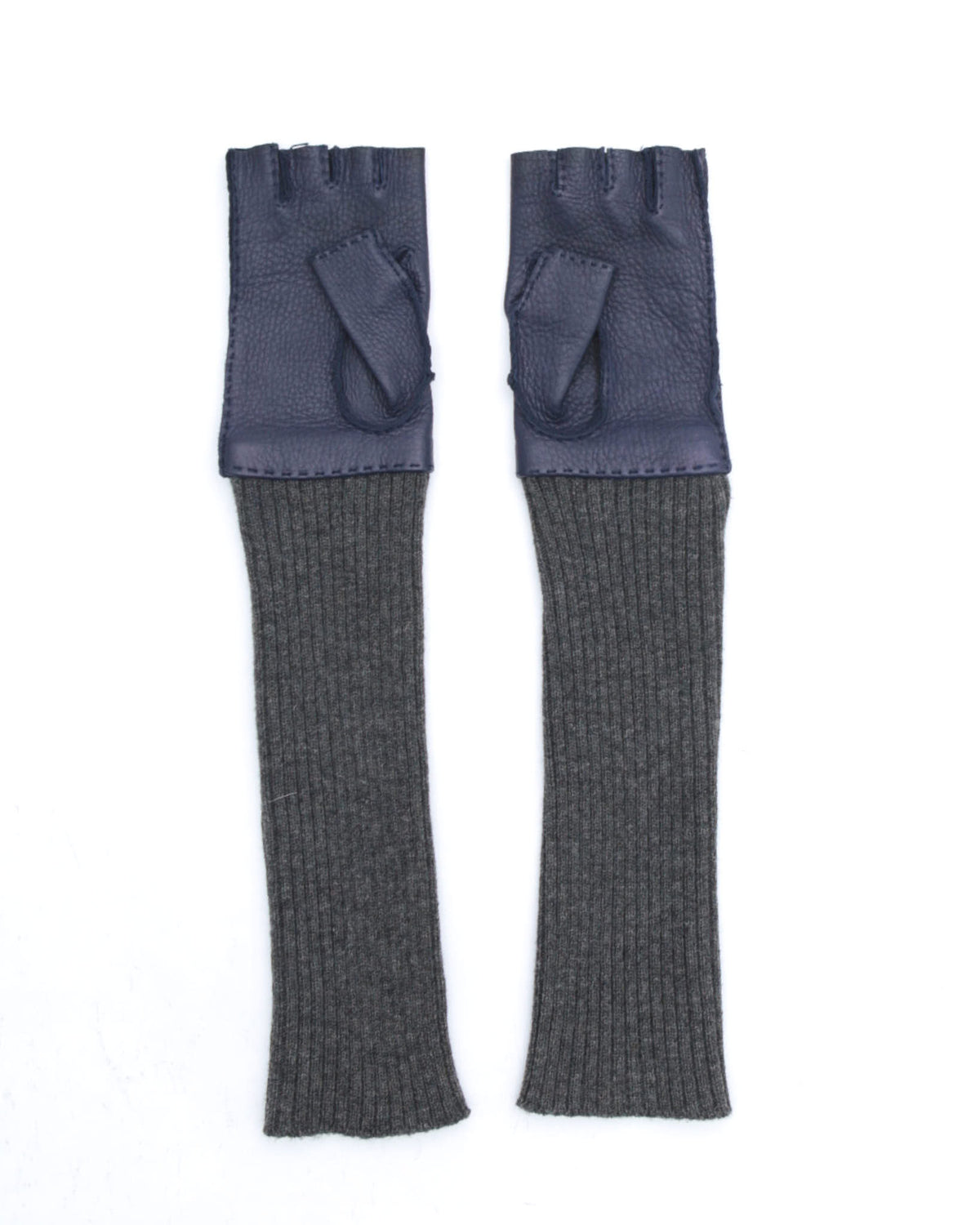 electric blue leather and knit fingerless gloves