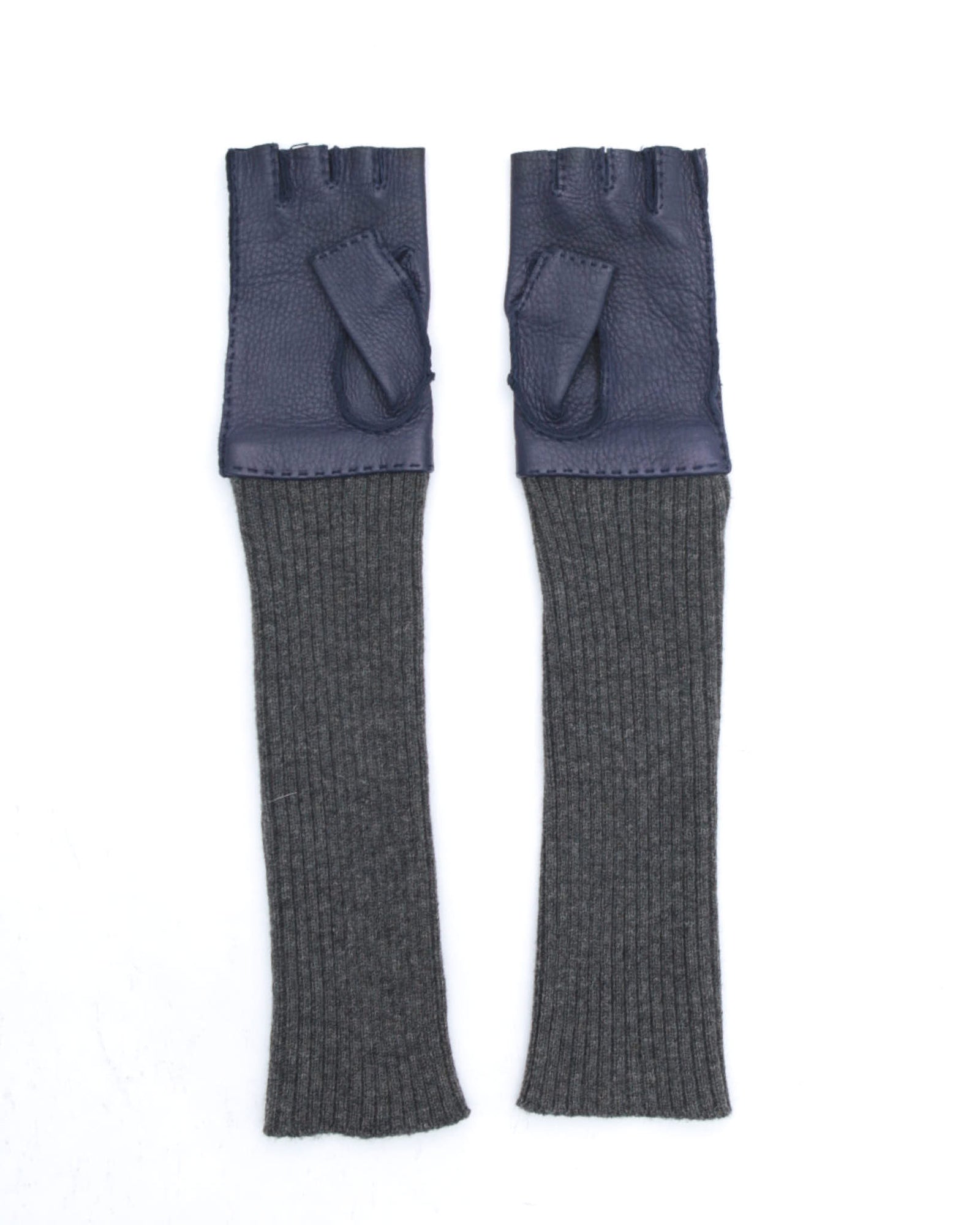 electric blue leather and knit fingerless gloves