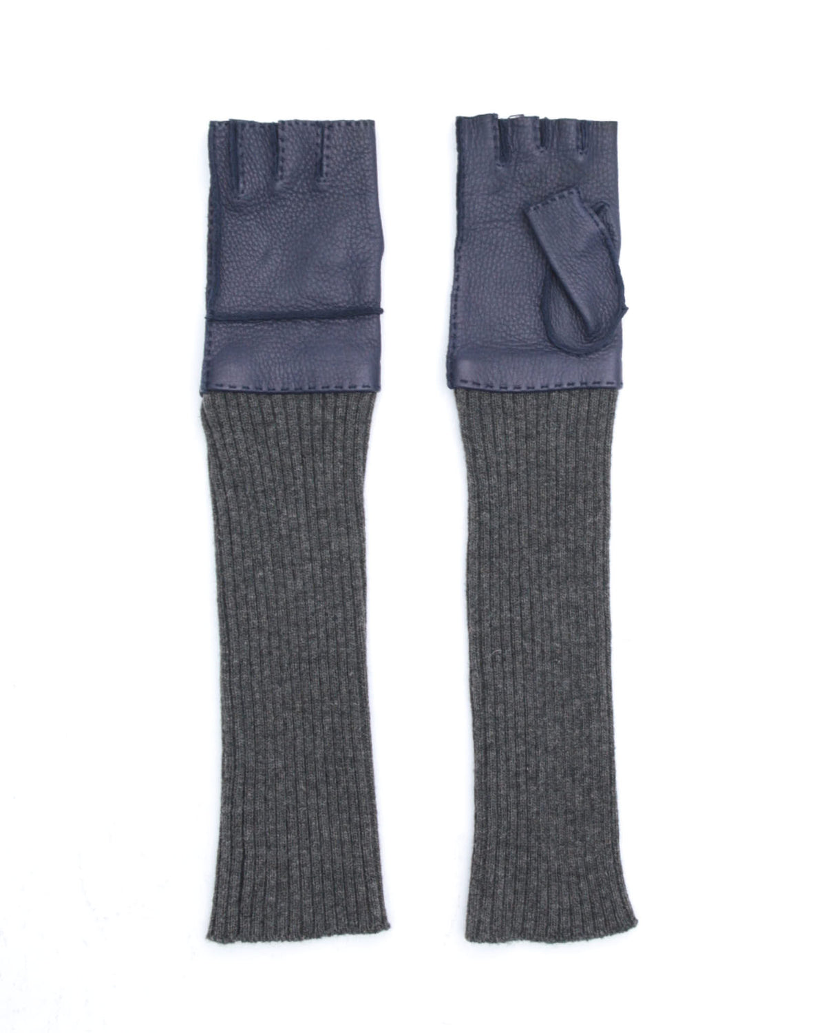 electric blue leather and knit fingerless gloves