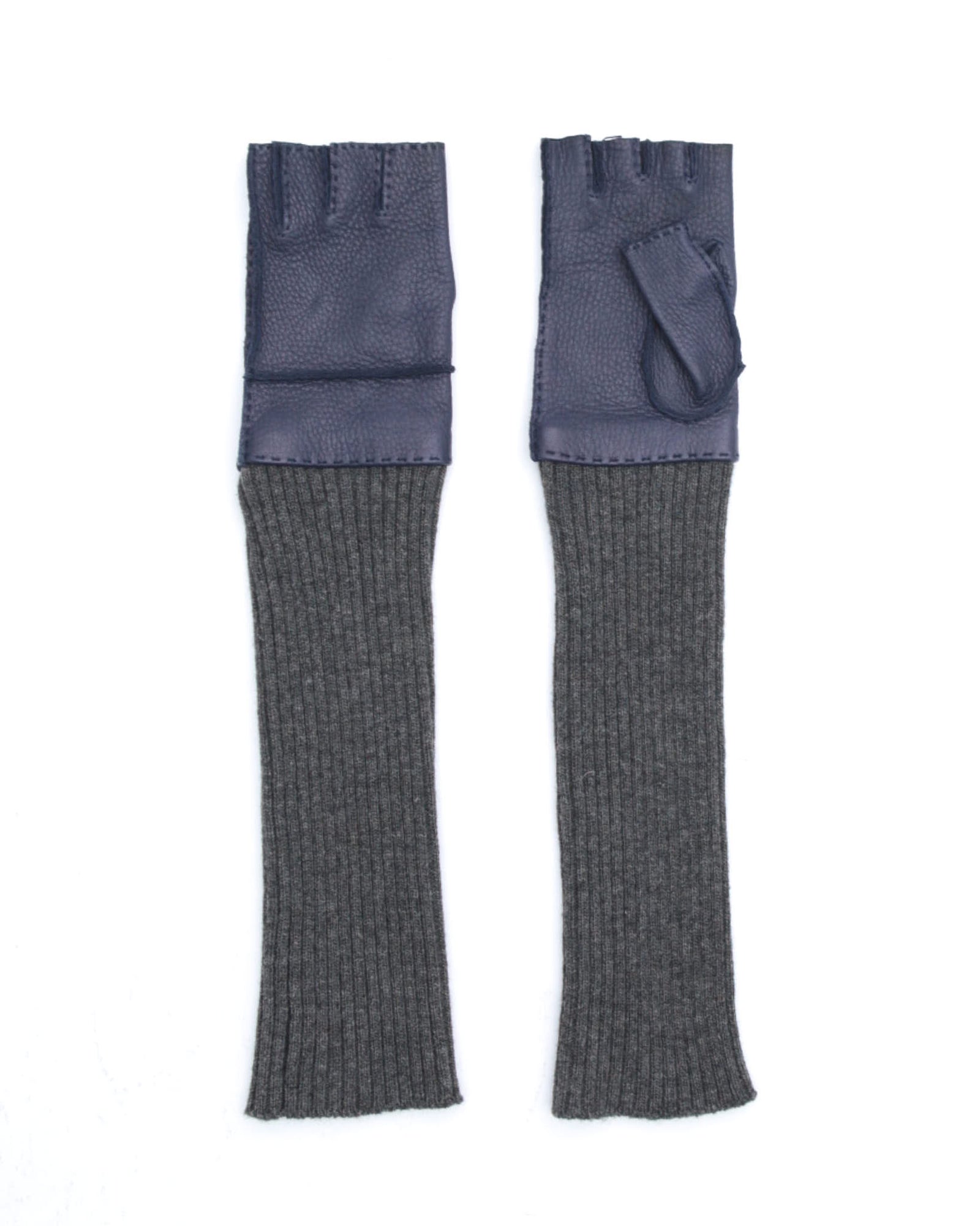 electric blue leather and knit fingerless gloves