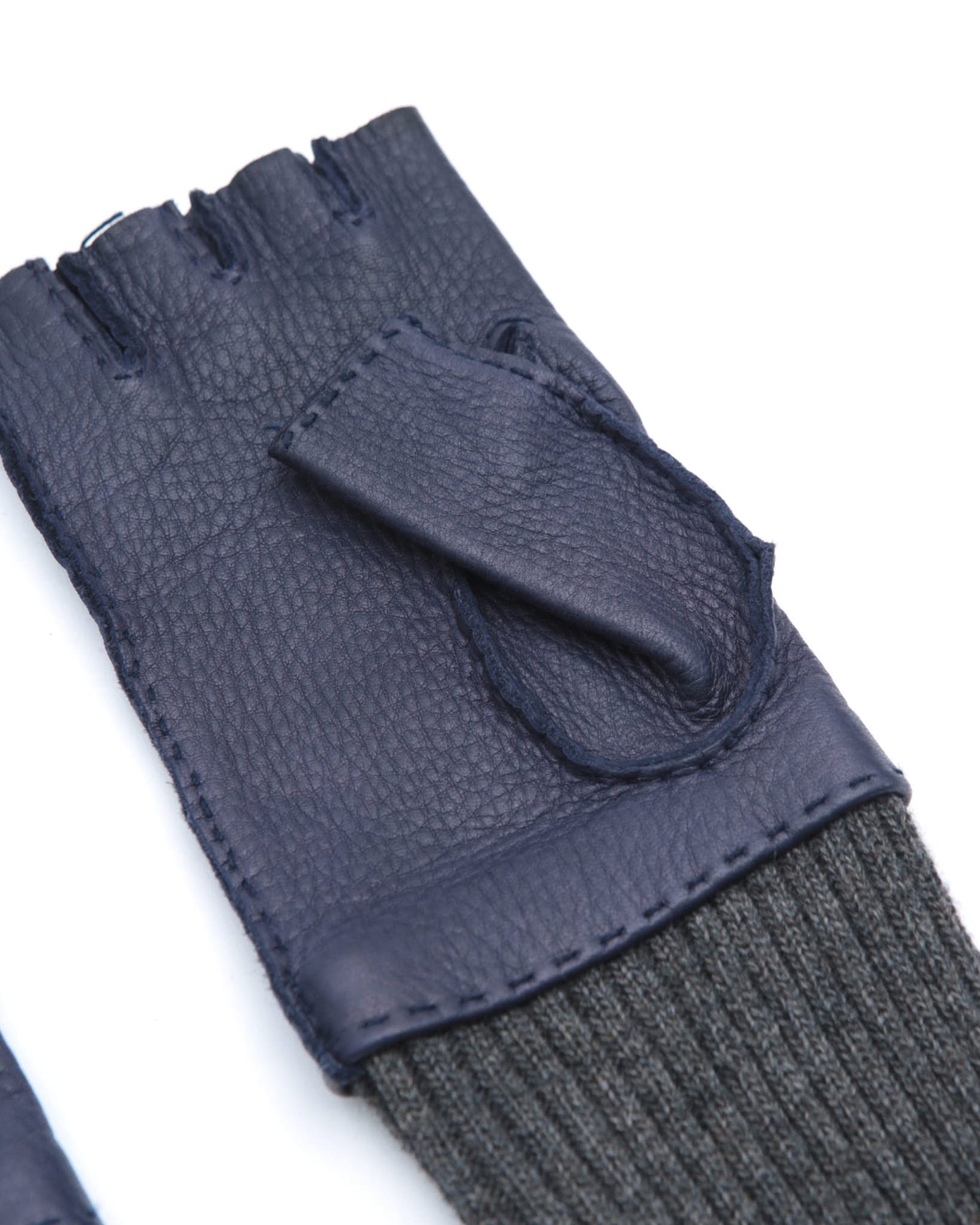 electric blue leather and knit fingerless gloves