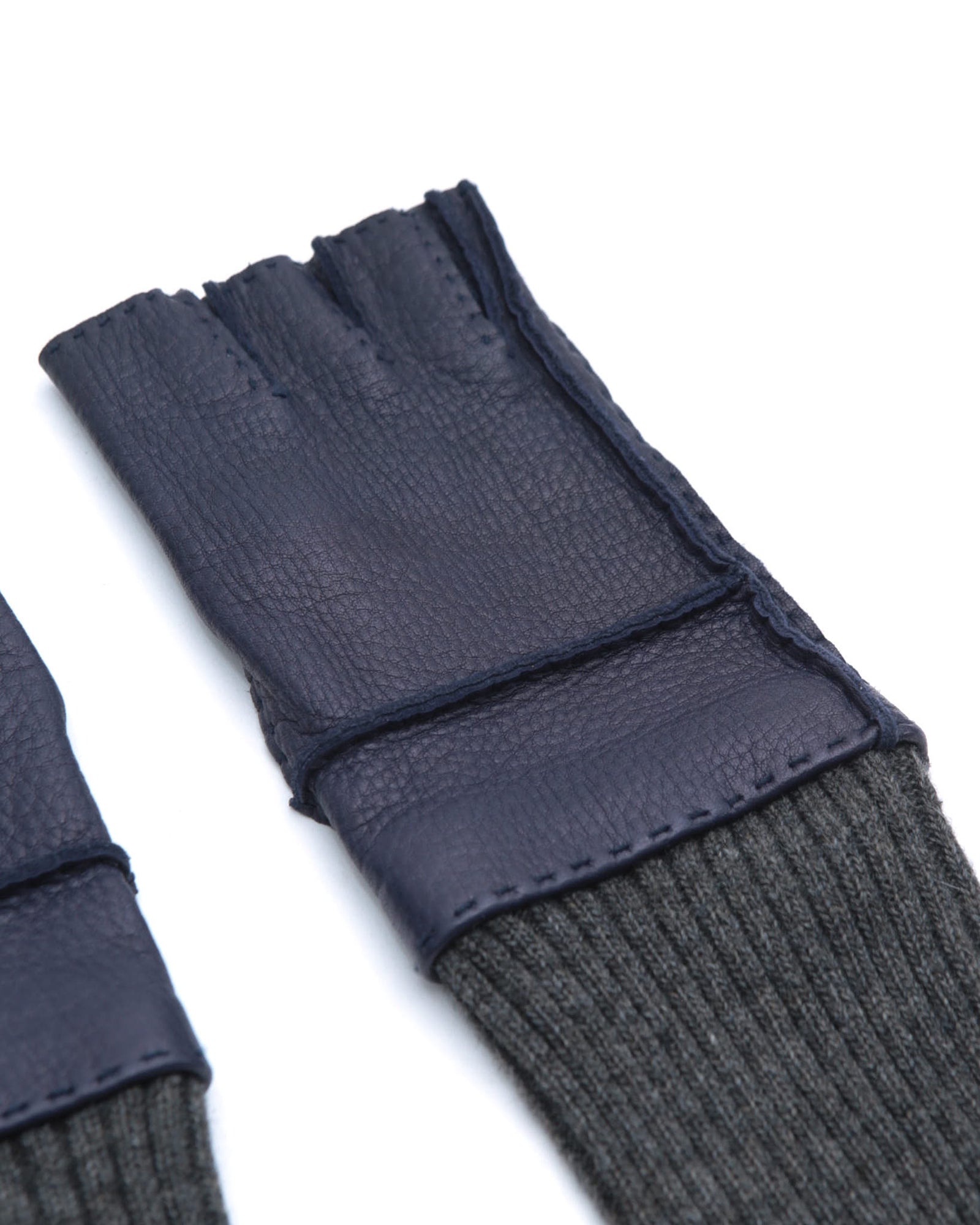 electric blue leather and knit fingerless gloves