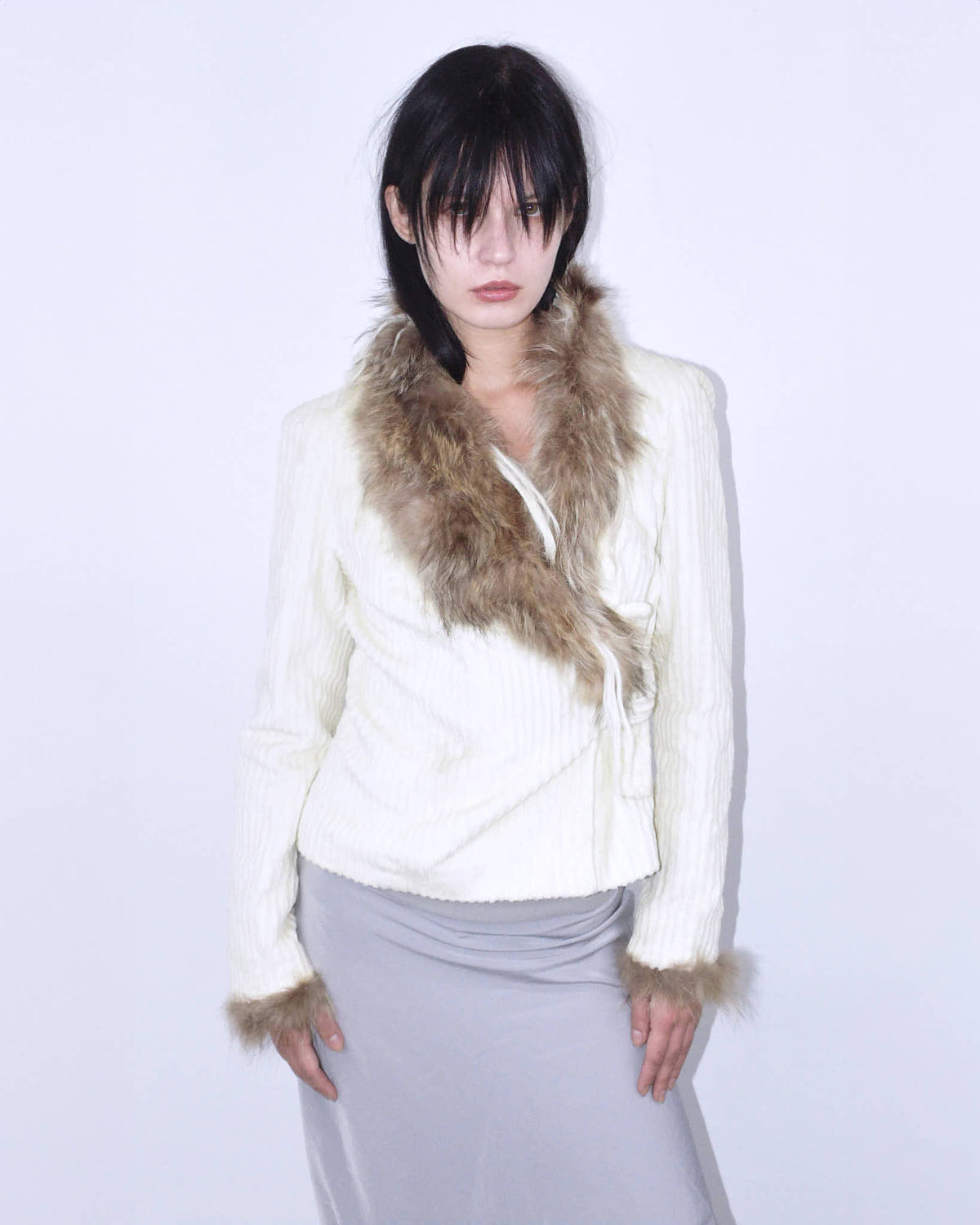 real fur collar & cuffs cream wrap jacket