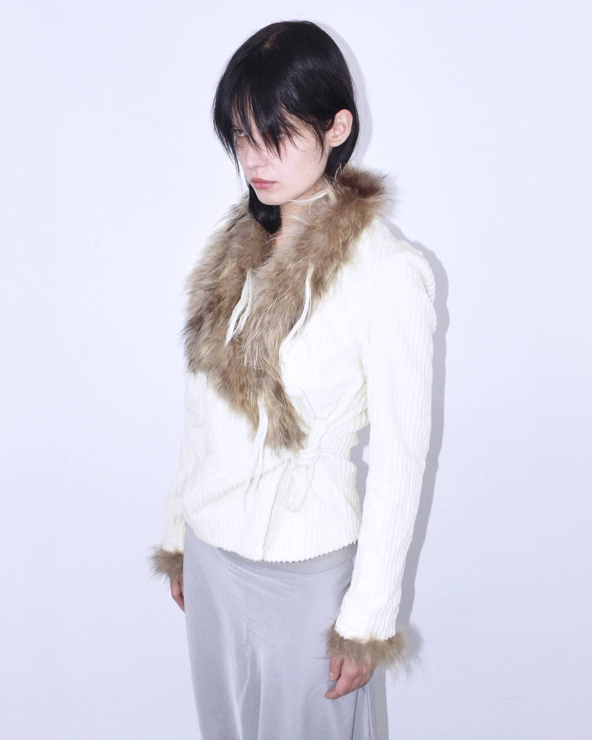 real fur collar & cuffs cream wrap jacket
