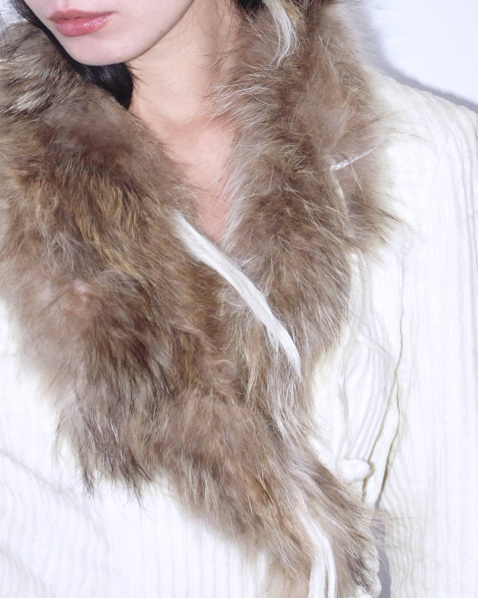 real fur collar & cuffs cream wrap jacket