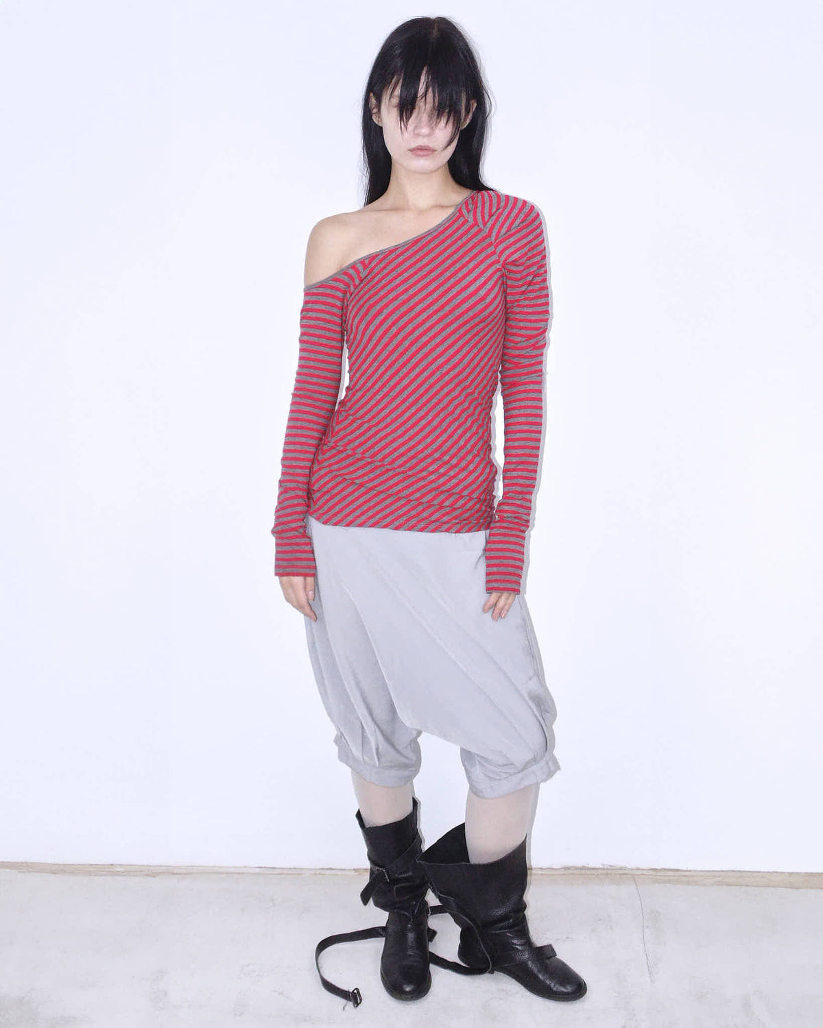 red & gray striped one-shoulder asymmetric long sleeve top
