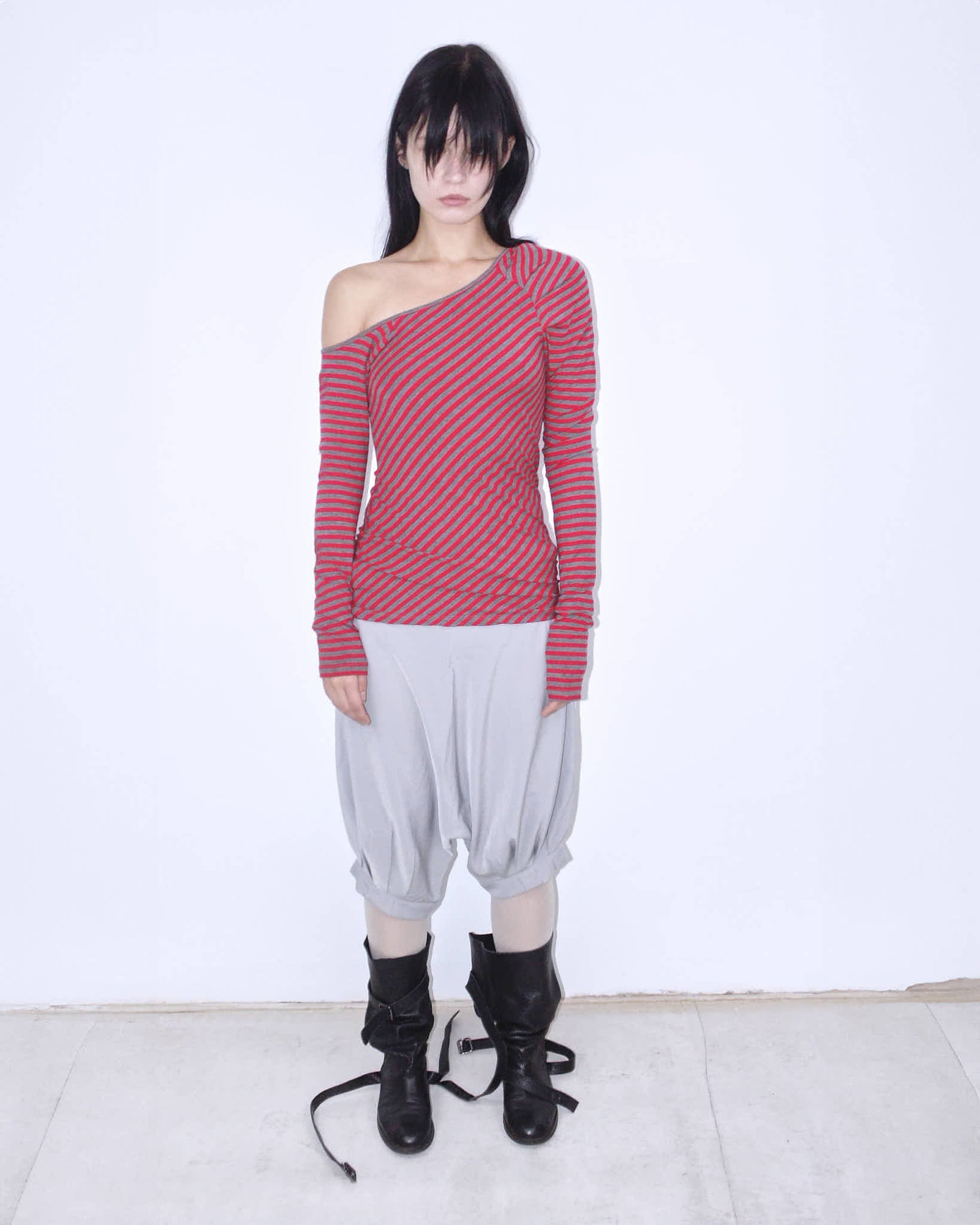 red & gray striped one-shoulder asymmetric long sleeve top