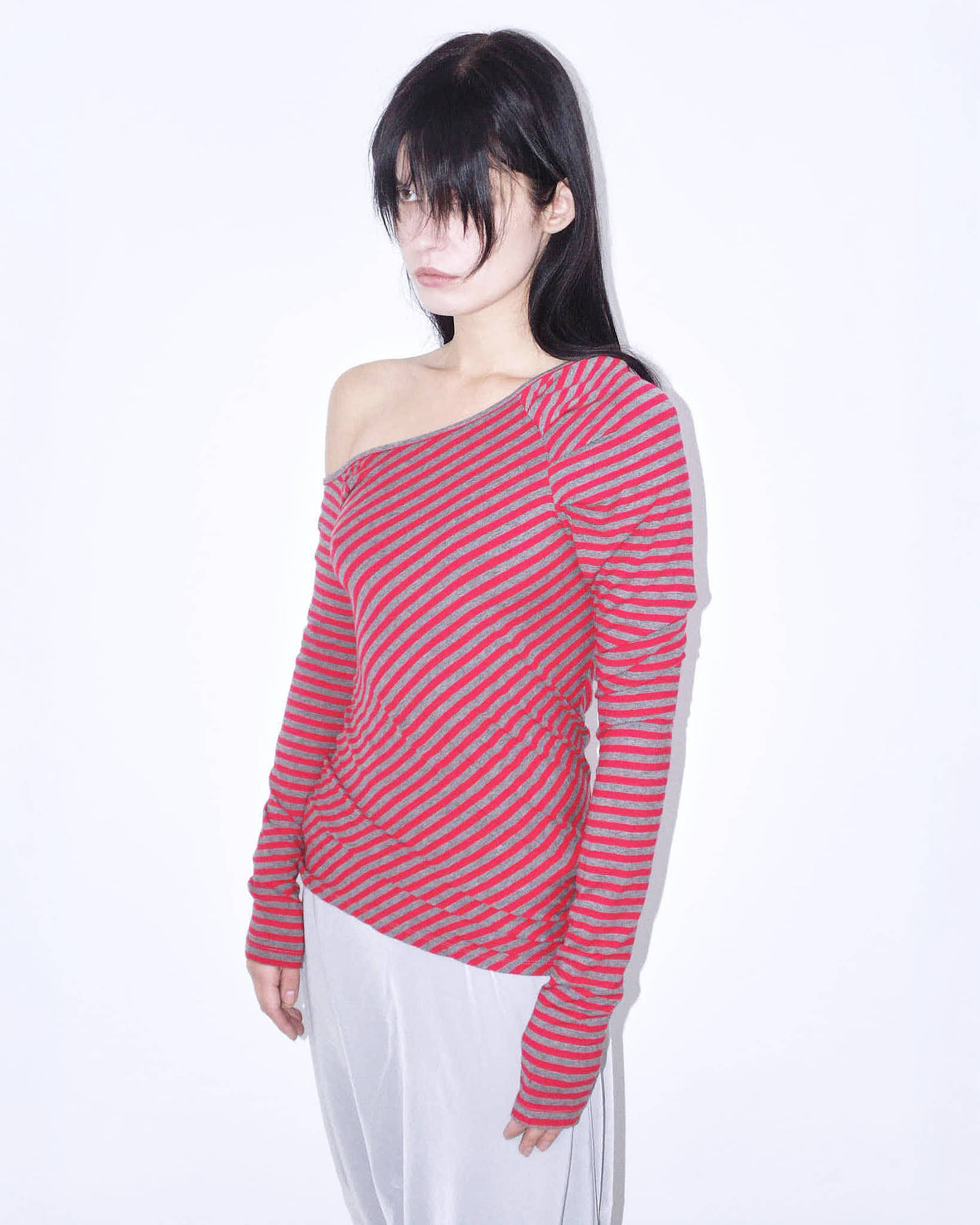 red & gray striped one-shoulder asymmetric long sleeve top