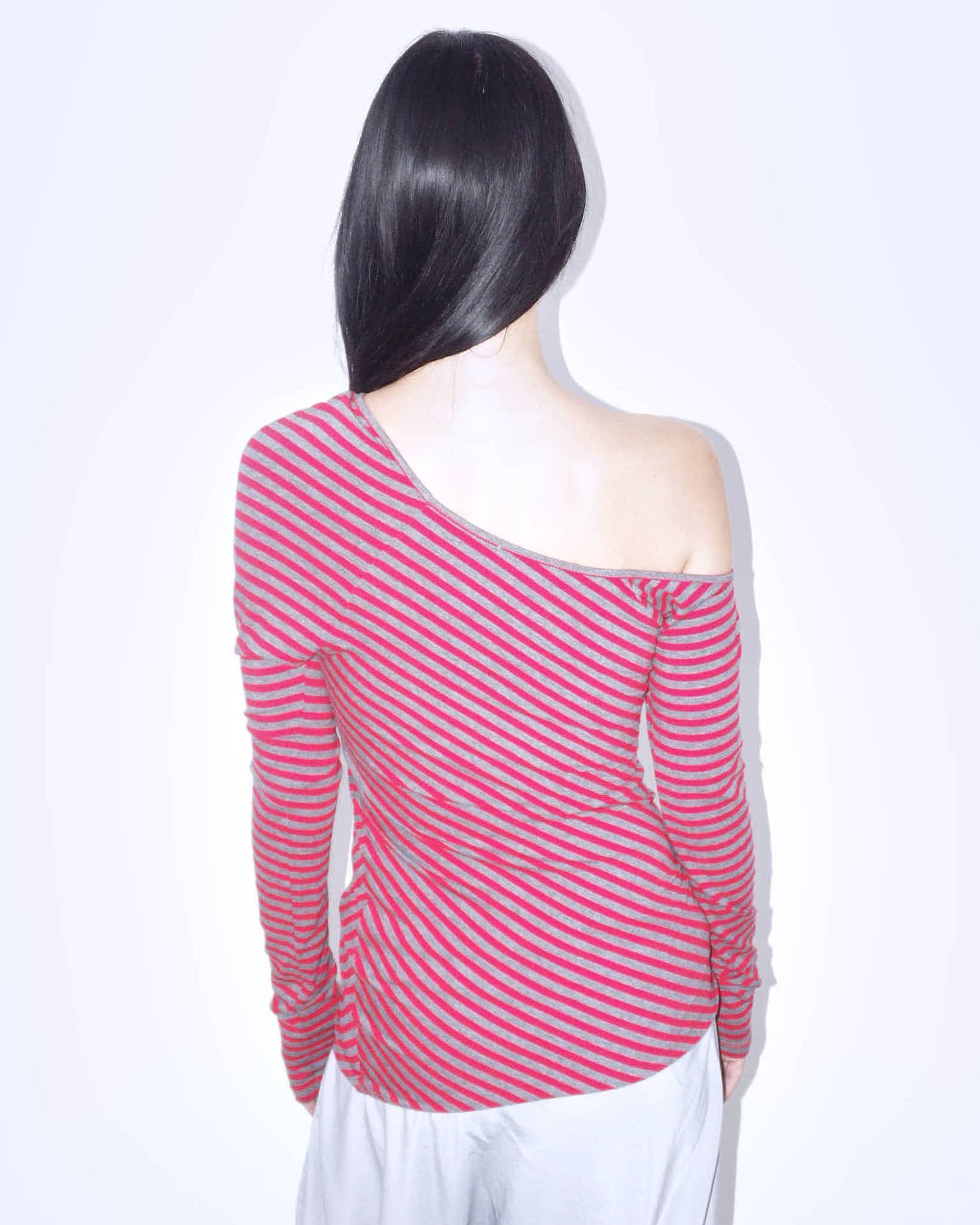 red & gray striped one-shoulder asymmetric long sleeve top